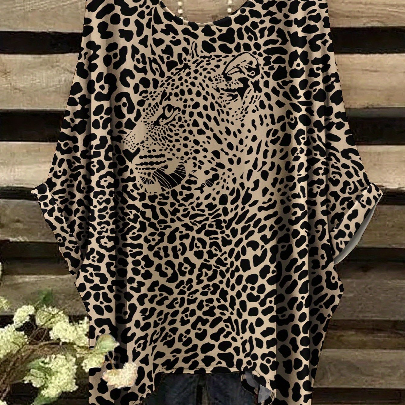 Image of Summer Plus Size Leopard Print Round Neck T-shirt, Casual Comfortable Short Sleeve Oversized Tee For Women, Accessories Not Included