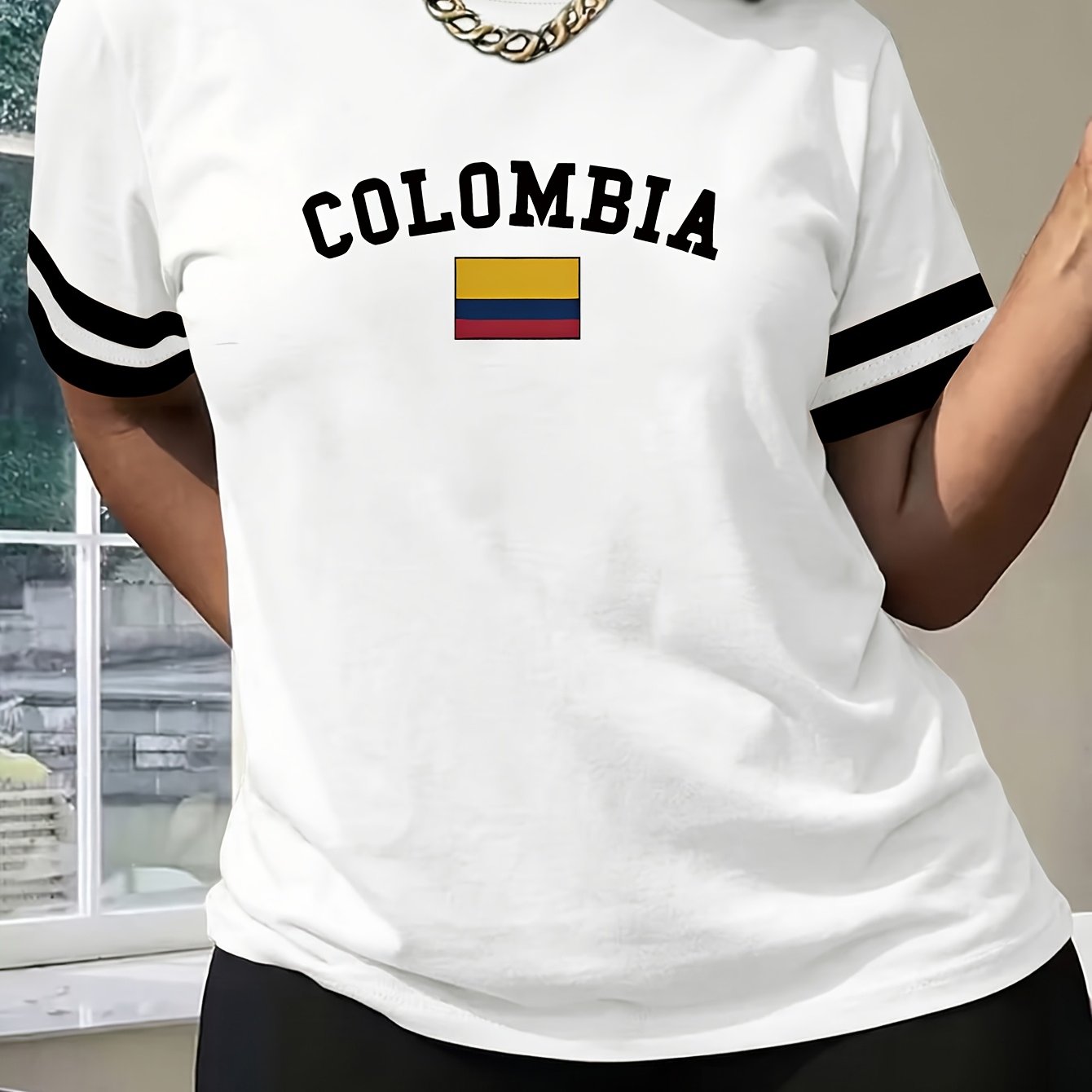 TEMU 2026 Women's Spring/summer Fashion Neck Color Blocking Personalized Design Colombian Flag Letter Comfortable Block Striped Short Sleeve T-shirt