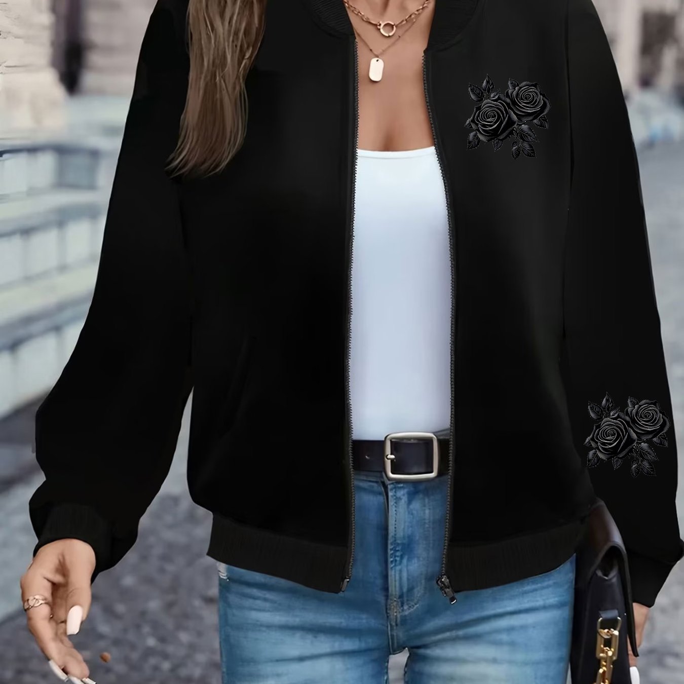 TEMU Women's Casual Open Front Jacket, Fashion Zipper Stand Collar Coat, Everyday Versatile Jacket