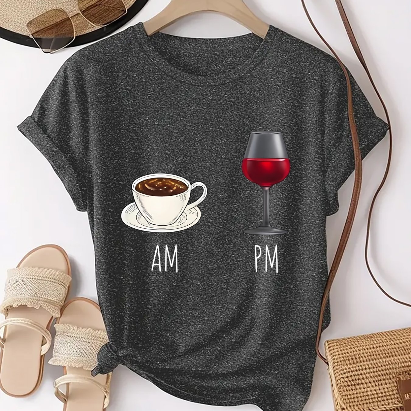 TEMU Everyday Coffee And Red Wine, . Stylish And Comfortable Short-sleeve T-shirt For Women With , Perfect For Casual And Sporty Occasions
