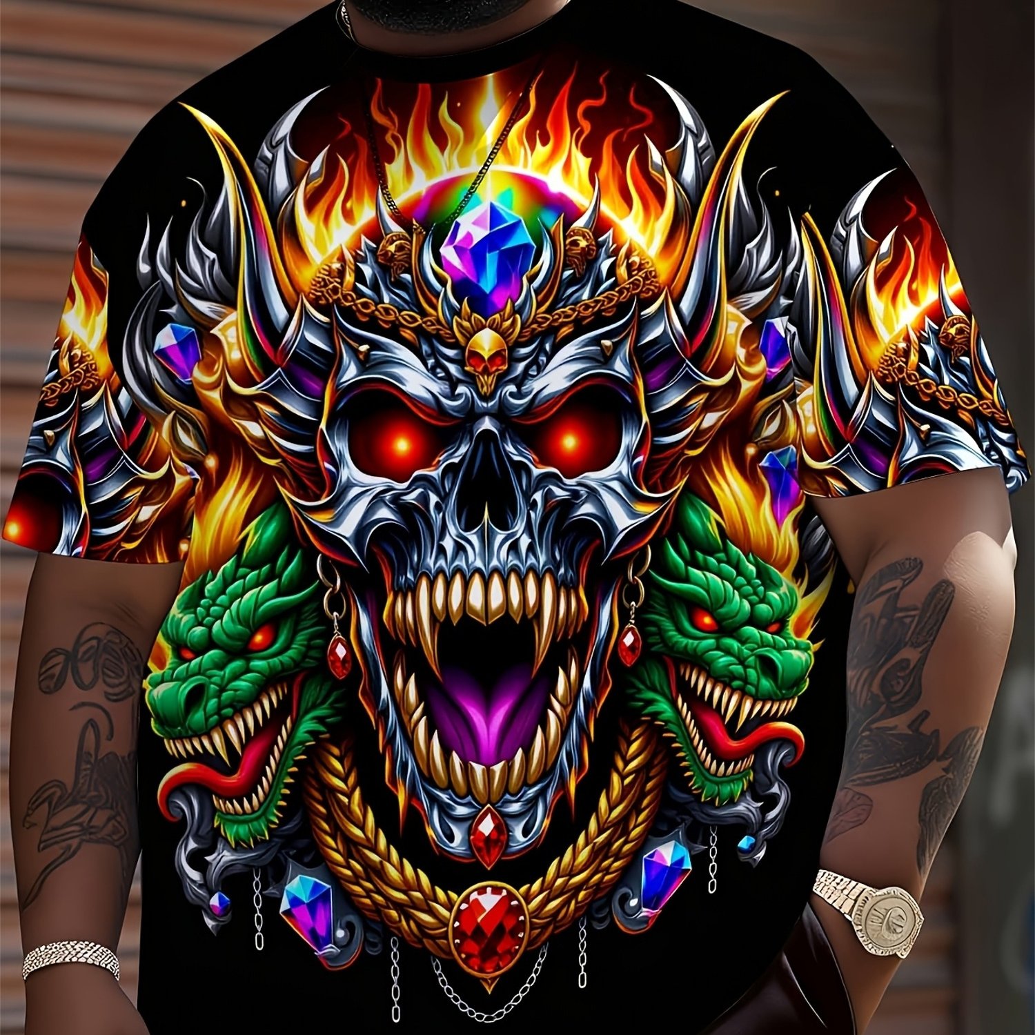 TEMU [printed Design-not Textured][print Design - Not Texture] Plus-size Men's Fashion Black Patterned T-shirt, Featuring A Design Depicting A