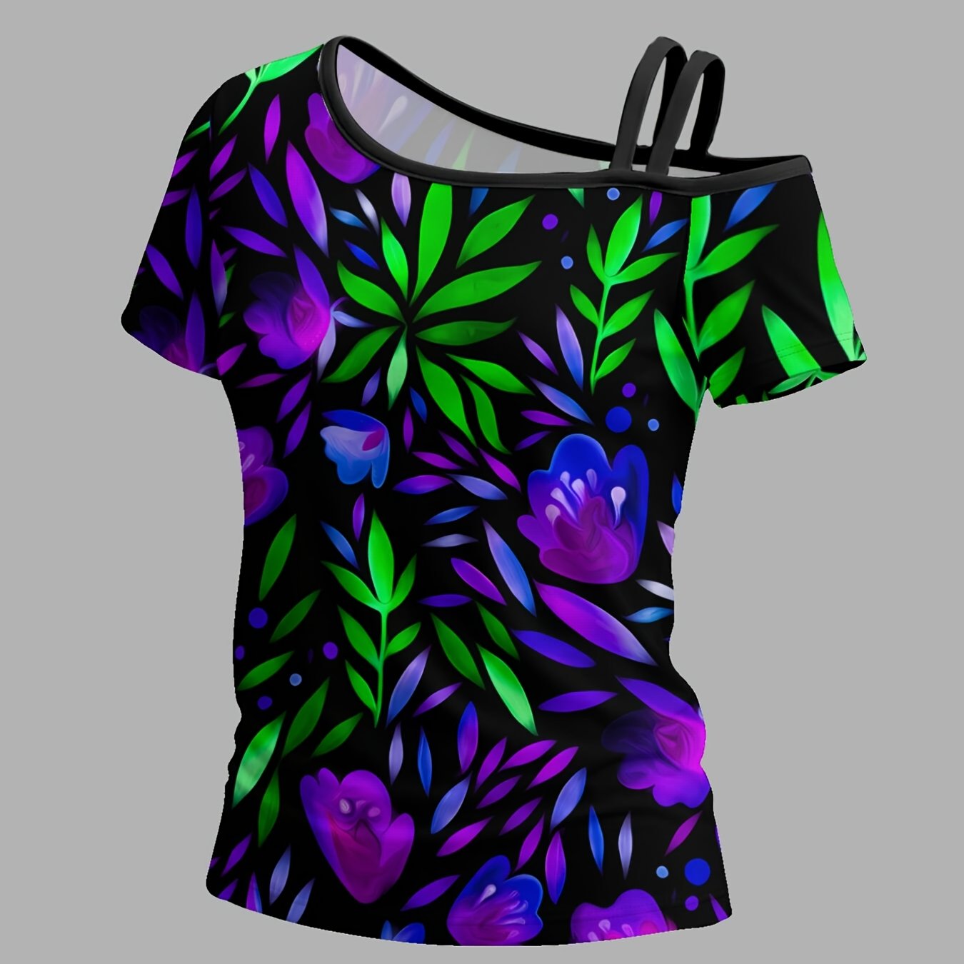 TEMU Purple Bloomwomen'-shoulder Short-sleeve T-shirt, Featuring A Unique Asymmetrical And Trendy Printed Embellishments. It Effortless Casual Looks