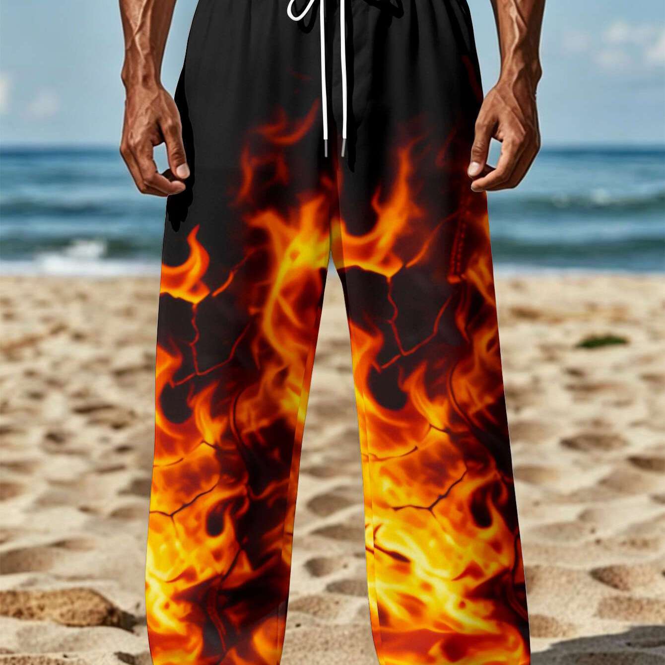 TEMU 's Casual Trousers, Flame Surging And Pulsating, Blazing The With Flat Printing Design, Versatile For Daily , Machine Washable, Fashion Casual