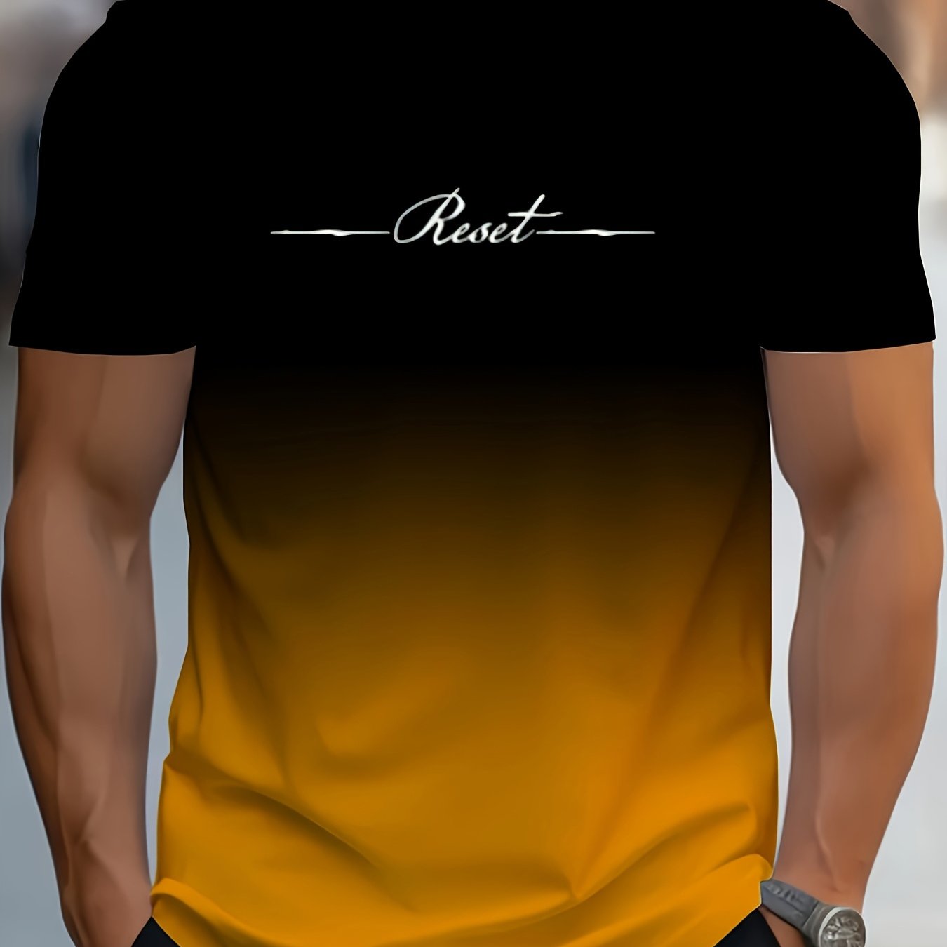 TEMU Men's Gradient Street Style T-shirt - Gradient Print "rest" Font, Breathable Summer Casual Round Neck Short Sleeve, Machine Washable Athletic