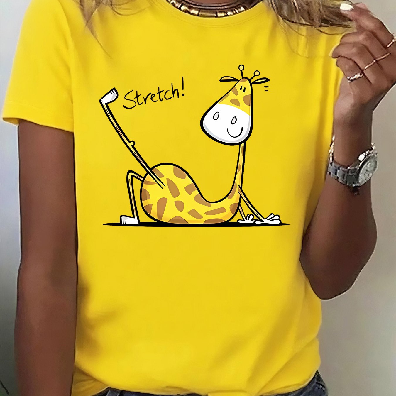 TEMU Women's Casual T-shirt - Cartoon Giraffe Stretch Print Design, Comfortable Short Sleeve Top For Women's Summer Wear. Suitable For Running And
