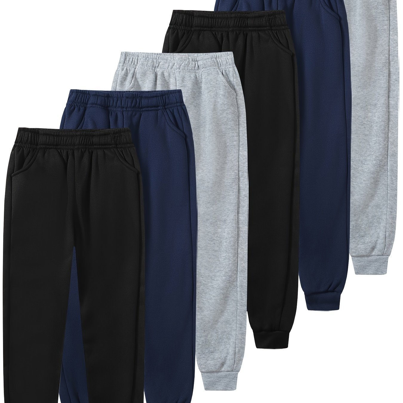 Image of 6-strip Pc Boys' Solid Color Casual Long Pants, With Pockets Elastic Waist Comfortable Jogging Trousers, Fashion Kids Fleece Sports Pants, For Outdoor