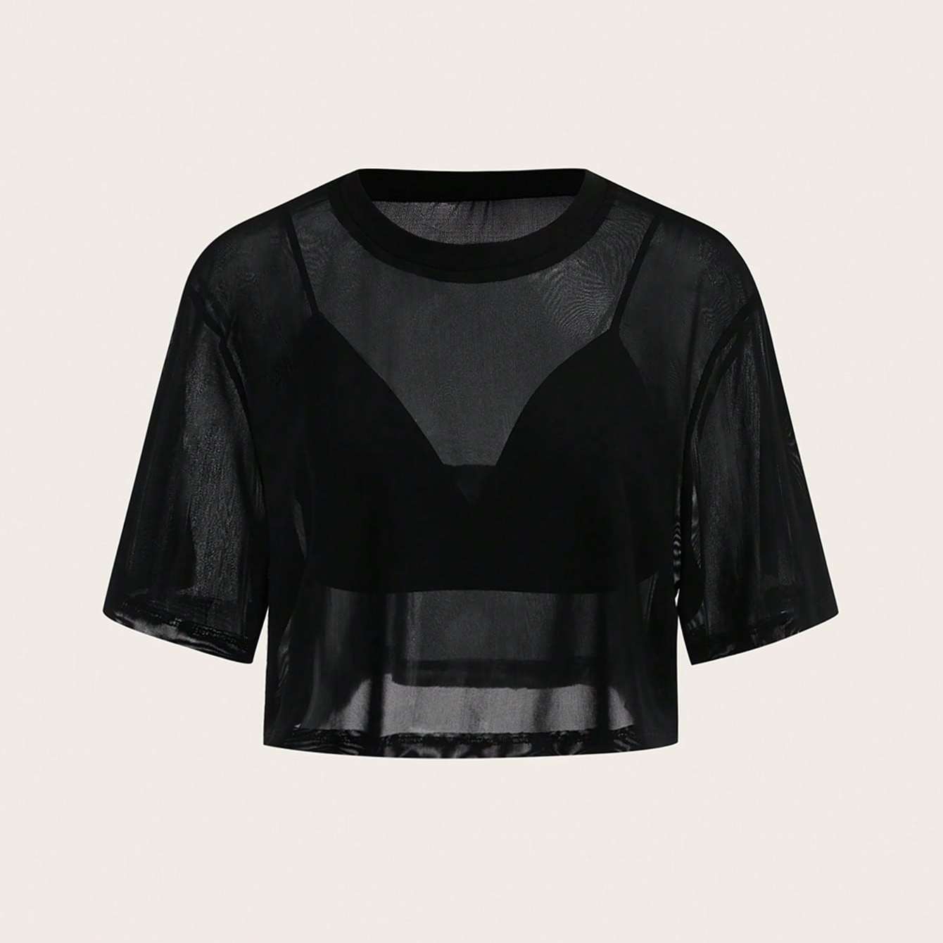 TEMU 2pcs Set: Casual Solid Color Crop Camisole And Round Neck Loose-fitting Cropped Sheer Mesh Short-sleeve Top / Summer