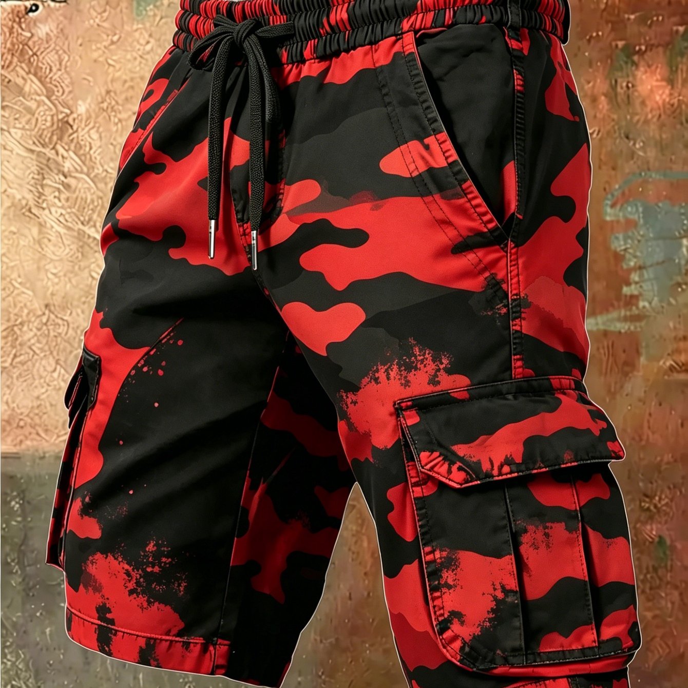 Image of Men's Summer Red And Black Camouflage Cargo Shorts Outdoor Daily Commuting Casual Multi-pocket Loose Fit Shorts