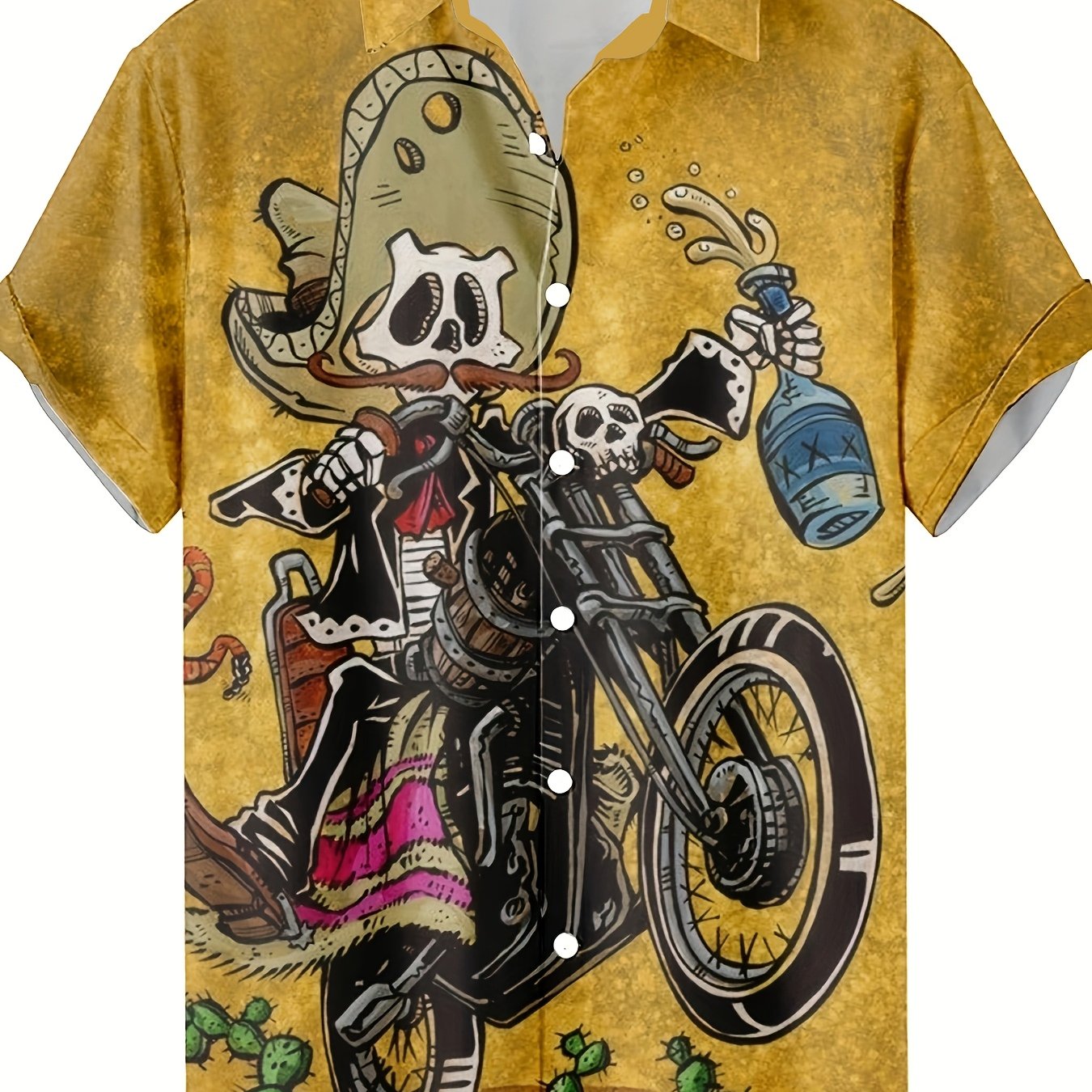 TEMU [printed Design â Not Textured] Skull Riding Motorcycle Vintage Pattern Print Men's Casual Lapel Shirt, Hip-hop Rock Streetwear Hawaiian Shirt,