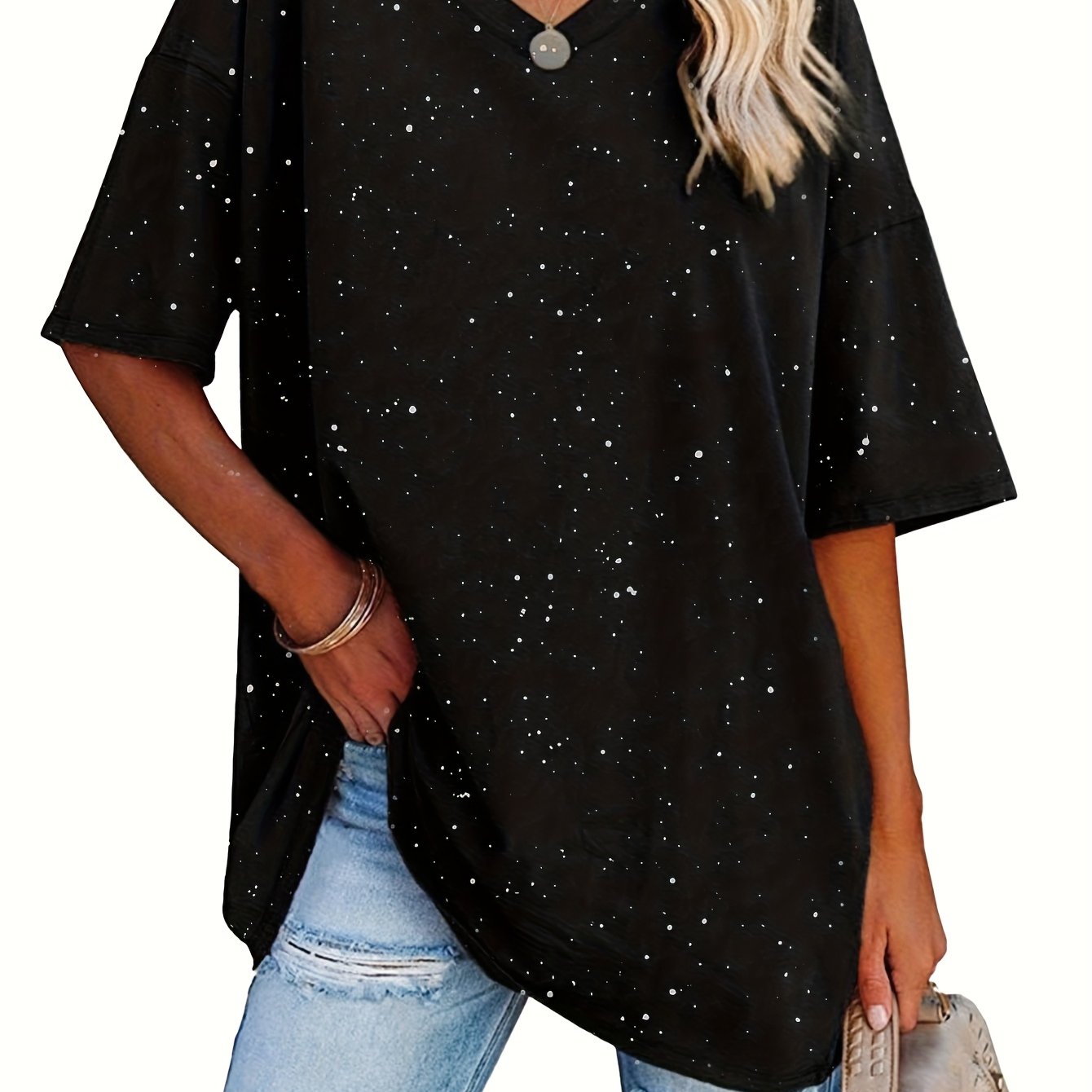 Plus Size, Cross-border European And American Women's Fashion Spring/summer New Shiny V-neck Comfortable Short-sleeve Top