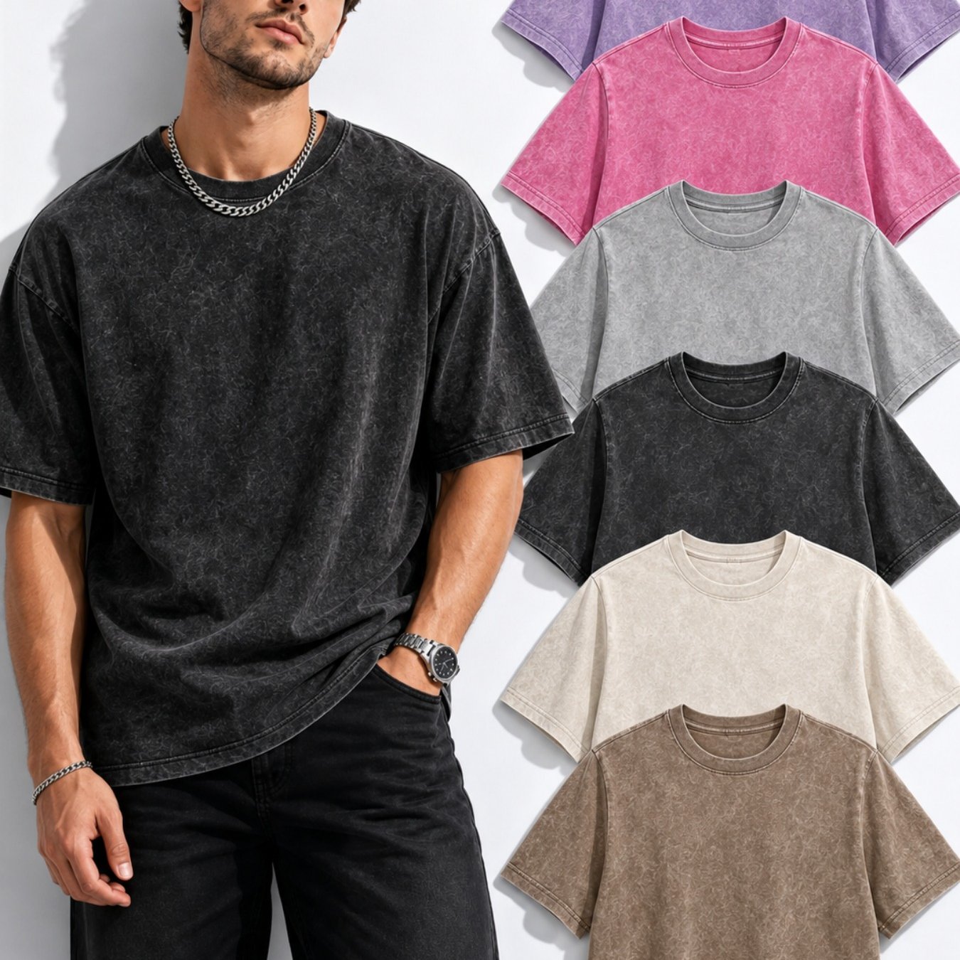 TEMU Men's Summer Vintage Distressed Streetwear Relaxed Drop Shoulder Crew Neck T-shirt, 230g Washed Fashion Tee, Casual Outfit, Stylish Versatile
