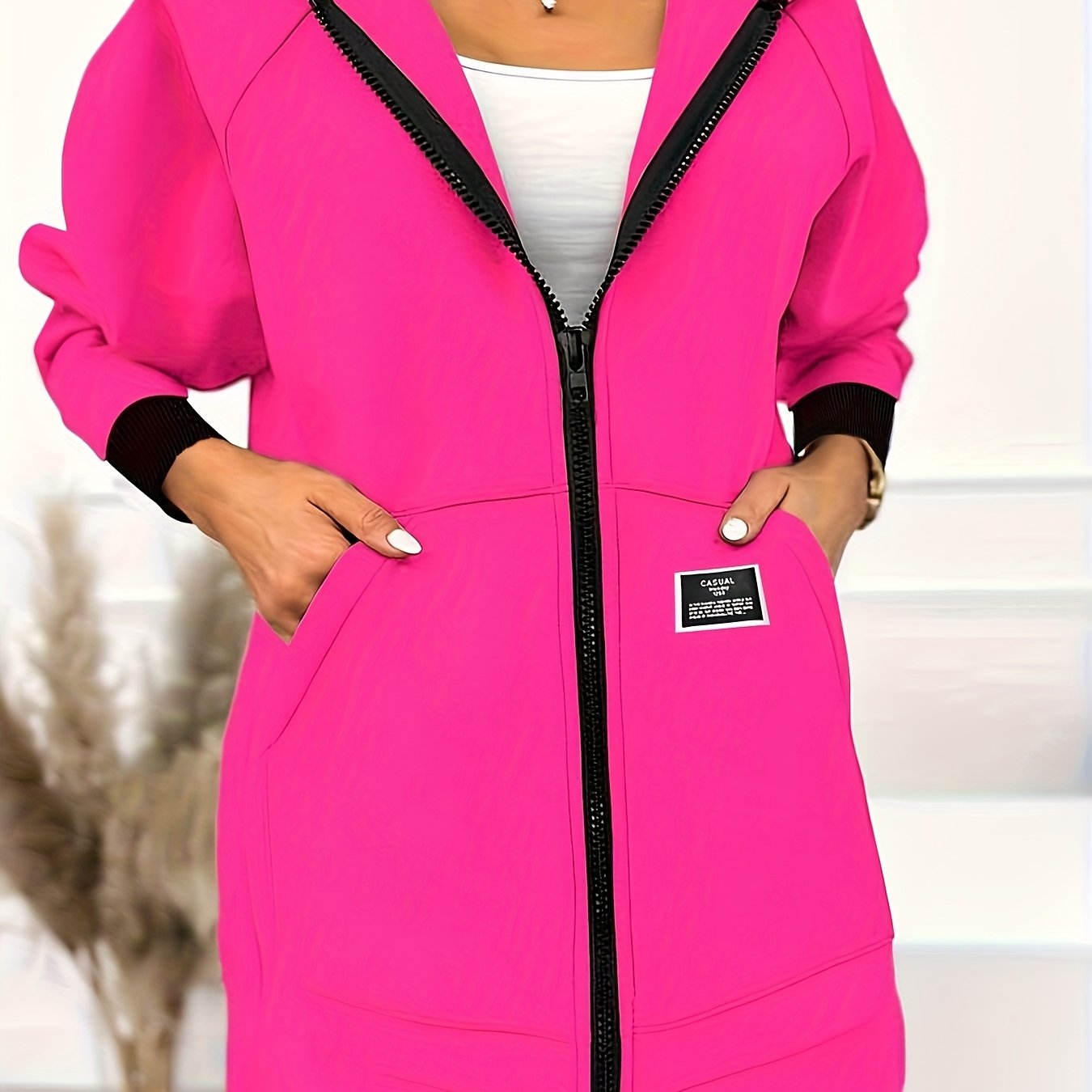Plus Size - Plus Size - Plus Size Women's Fall Winter Casual Solid Color Zipper Open Front Fleece-lined Long Sleeve Hooded Jacket
