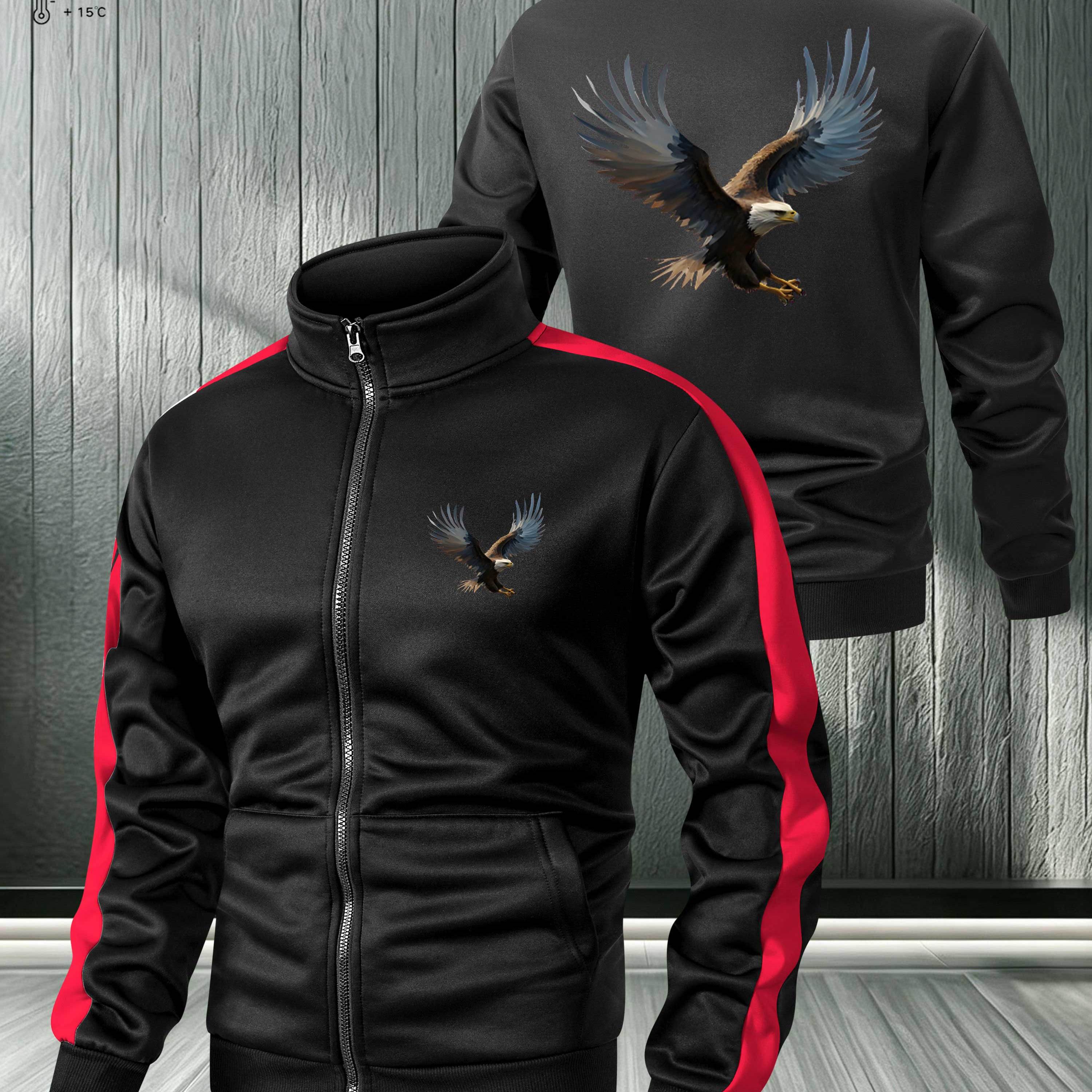 TEMU Men's Eagle Pattern Color-block Stand Collar Zipper Cardigan Spring Autumn Casual Athletic Top