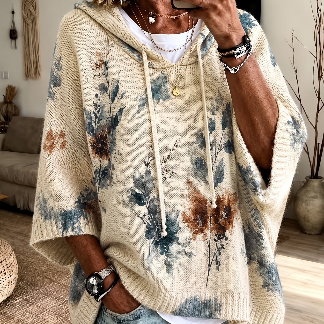 TEMU 2026 Women's Fall Winter Vintage Floral Print Hooded 3/4 Sleeve Cape Sweater Top With Drawstring Design, Lazy Style Fashion Versatile Casual