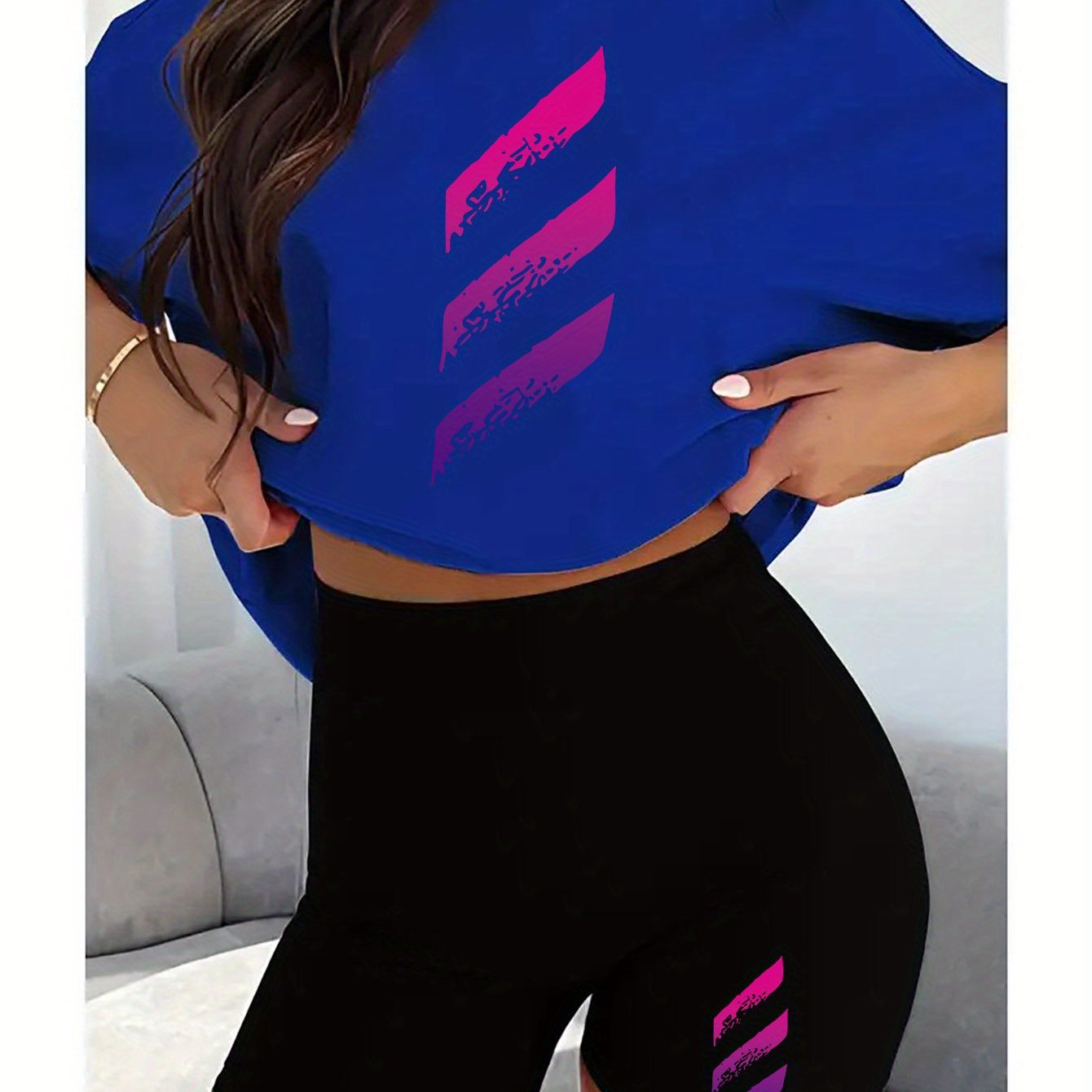TEMU "lady Fashion Suit - A Two-piece Set With 'gradient Stripes' Print, Consisting Of A Short-sleeved T-shirt And Moto Shorts, Casual And Y Spring