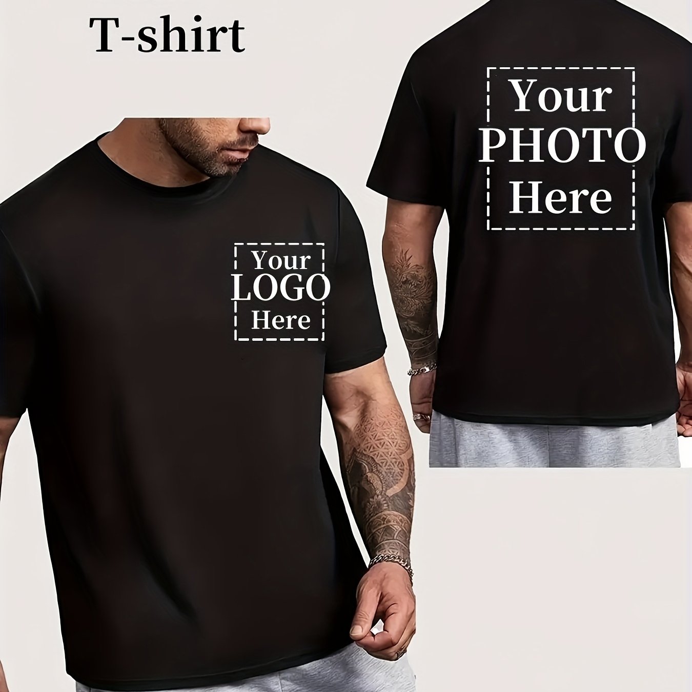E-shop Personalisierbares Herren-T-Shirt – Doppelseitiger - Rückendruck, Foto- oder Logo-T-Shirt, Schwarzes Kurzarm-Sommer-T-Shirt aus , Lässige
