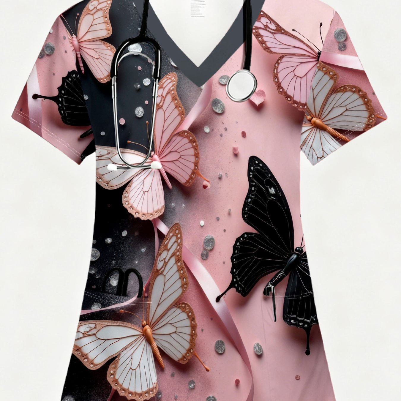 TEMU Women's Professional Blouse V-neck Short Sleeve Blouse Top With Pink-black Gradient Ribbon & Heart Decoration, Full-body , Pockets - Breathable