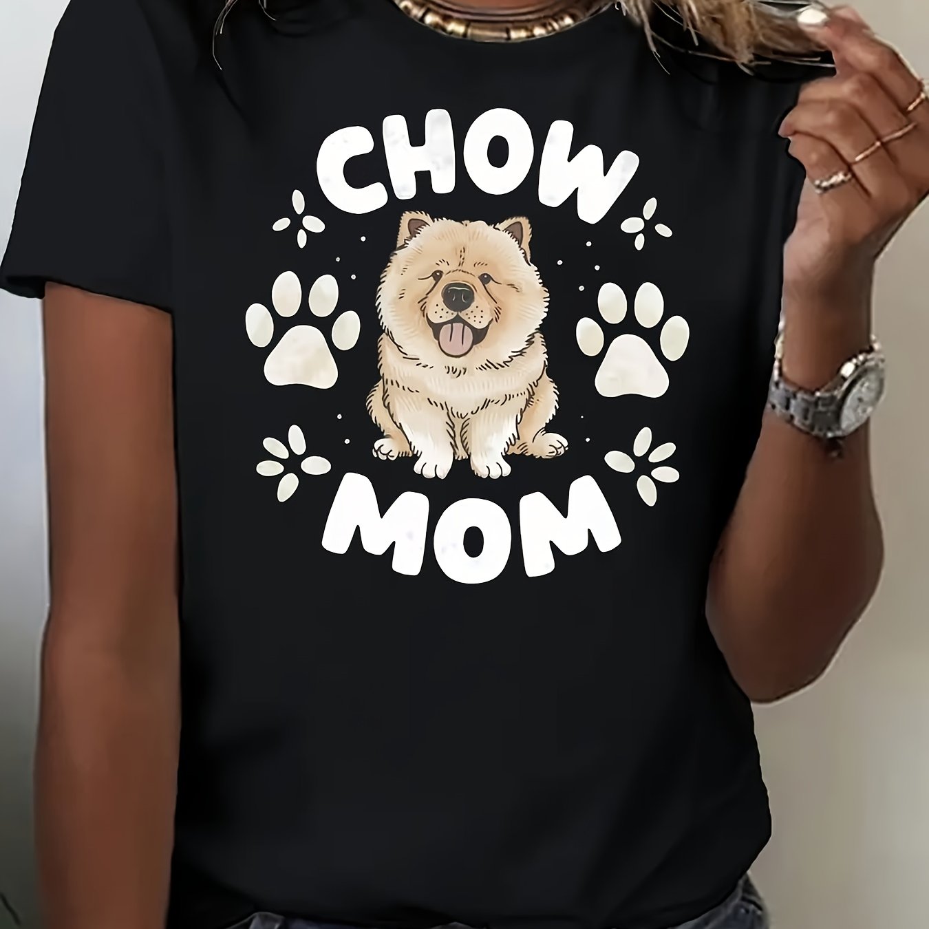 TEMU Women's Dog & Paw Print T-shirt - Mom Lettering With Puppy Graphic, Soft Breathable Short Sleeve Round Neck Casual Blouse, Spring Summer Fall