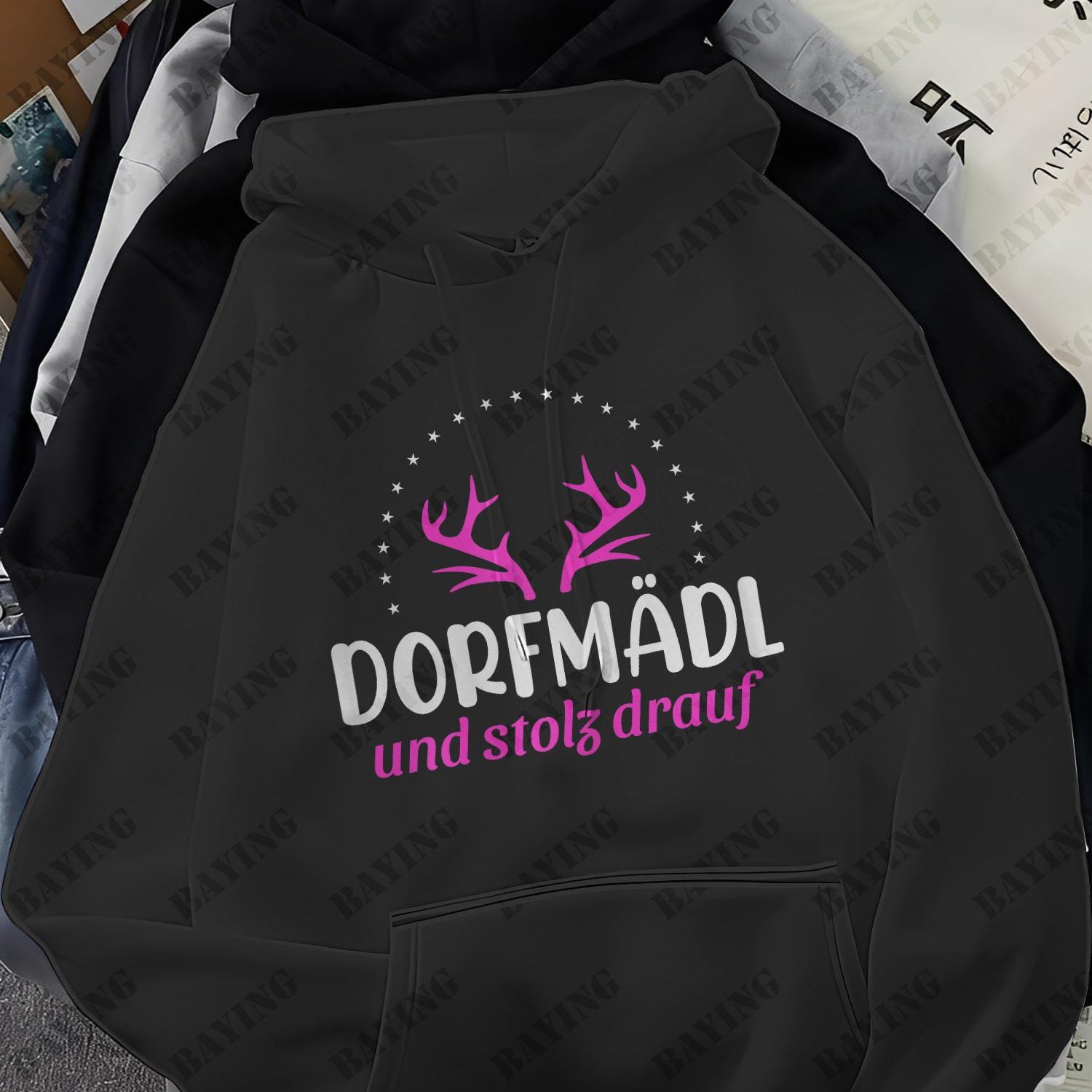 Men's & Women's German Pride Hoodie - Sweatshirt With Pink Stag & Antlers, Dorfmaedchen/ Slogans, Kangaroo Pocket - German Countryside Apparel For Lifestyle (machine Washable)