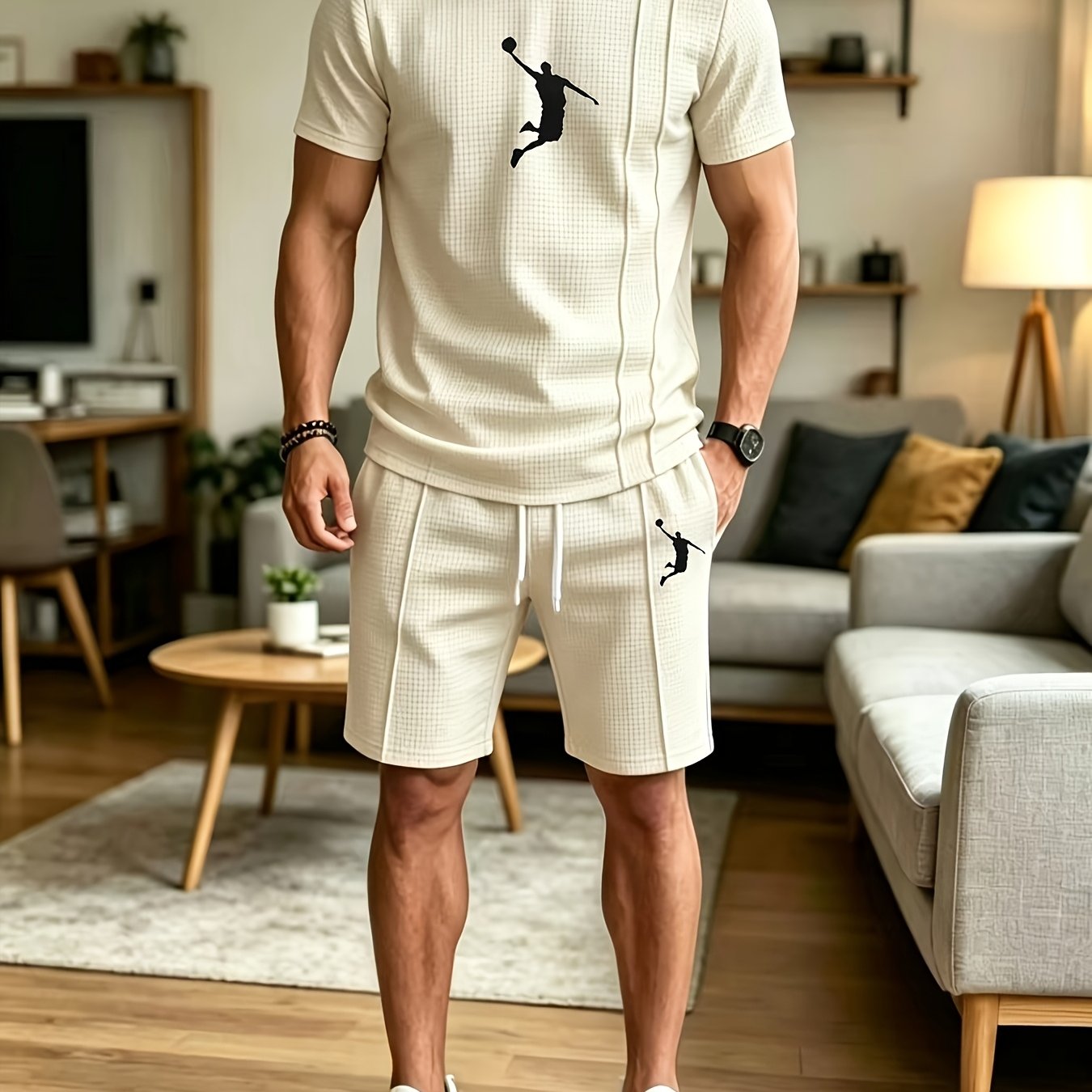 TEMU Summer Men's Casual Athletic Round Neck Waffle Fabric Short Sleeve Shorts 2pcs Set, Suitable For Beach Vacation And Athletic Wear