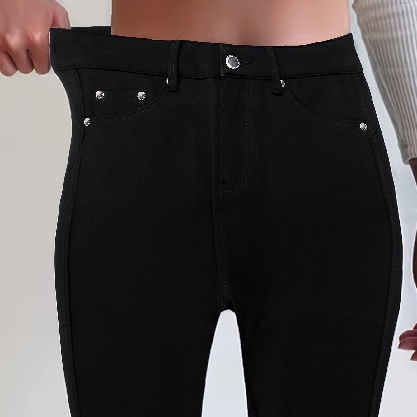 Image of Cy038- [fall/winter] Women's High-waist Stretch Street Style Solid Color Skinny Jeans, Fashionable Metal Button Detail Casual Denim Trousers, Sexy -lifting Slim -season Long Pants