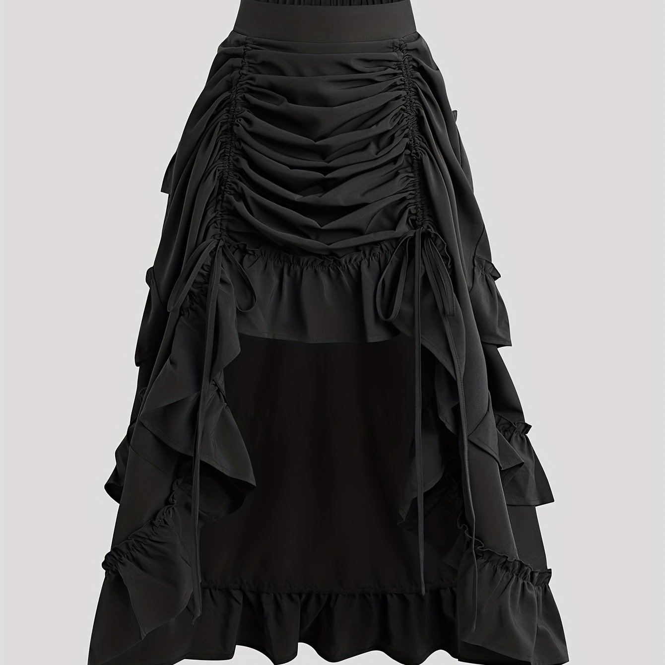 TEMU Drawstring Front Ruched Ruffle Trim Skirt, Elegant High Waist High Low Hem Asymmetric Skirt, Women's Clothing