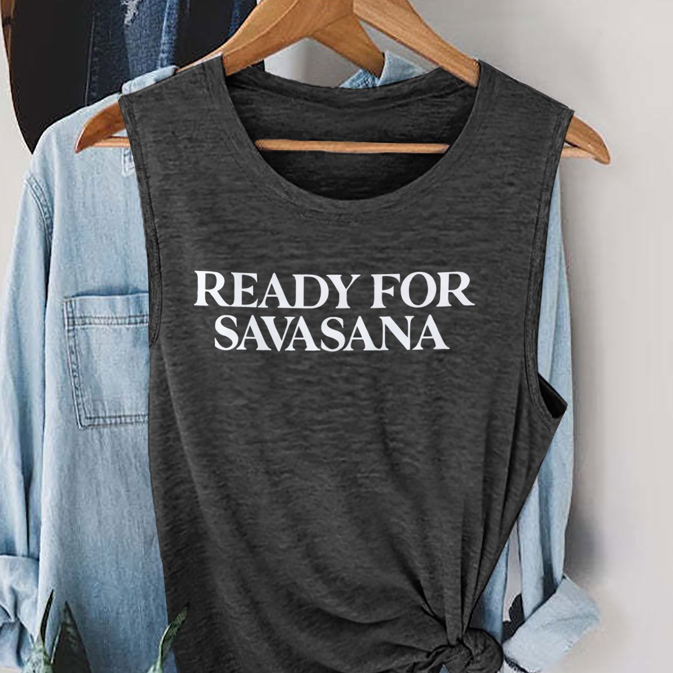 TEMU Women' For Savasana Yoga Letter Print Tank Top - Olive Green Sleeveless Casual Summer & Spring Top, Medium Stretch Round Neck, Machine Washable Yoga & Lounge Wear, Yoga Top