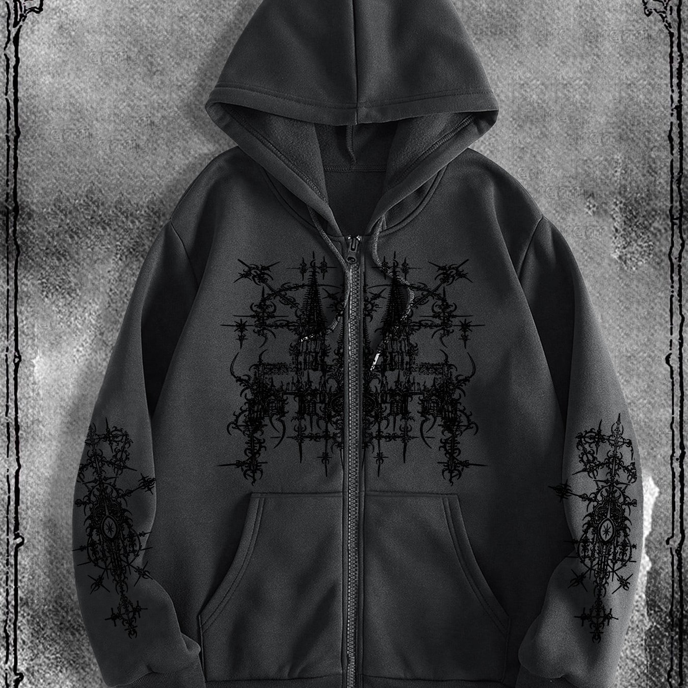 TEMU Men's Gothic Dark Zip-up Hoodie, Fashionable Street Style Zip-up Hooded Sweatshirt For Casual Occasions, Ideal For Trendy School Outfits
