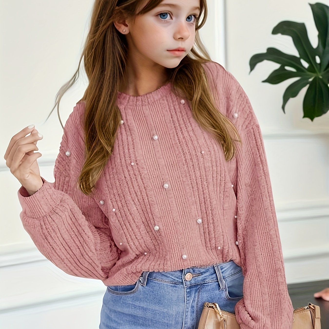 Image of Spring And Autumn For Girls, Elegant And With An Sense, Exquisite Pearl-embellished Round Neck Long-sleeve Top, Suitable For Daily Casual , Leisure, Picnics, Vacations, Travel, Gatherings