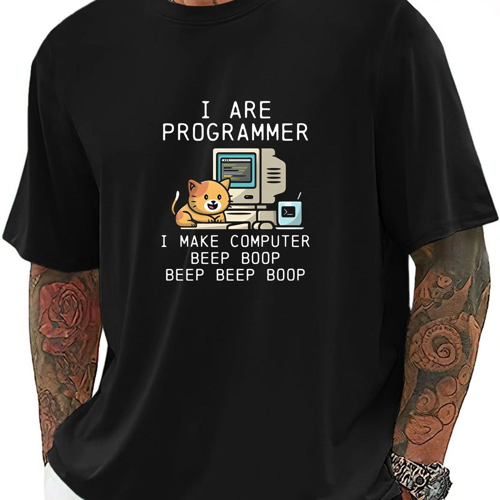 TEMU Programmer Print Tee Shirt, Tees For Men, Casual Short Sleeve T-shirt For Summer
