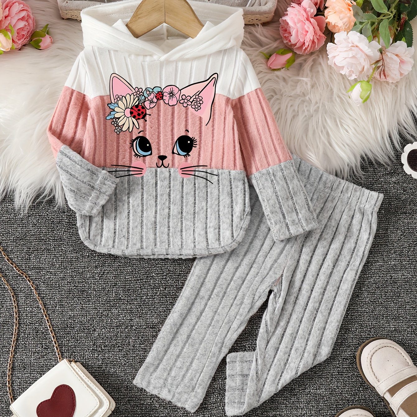 Image of Baby 2pcs Hooded Casual Contrast Top And Skinny Pants Set, Winter Fall Outfit, For Outdoor - Floral Print - -