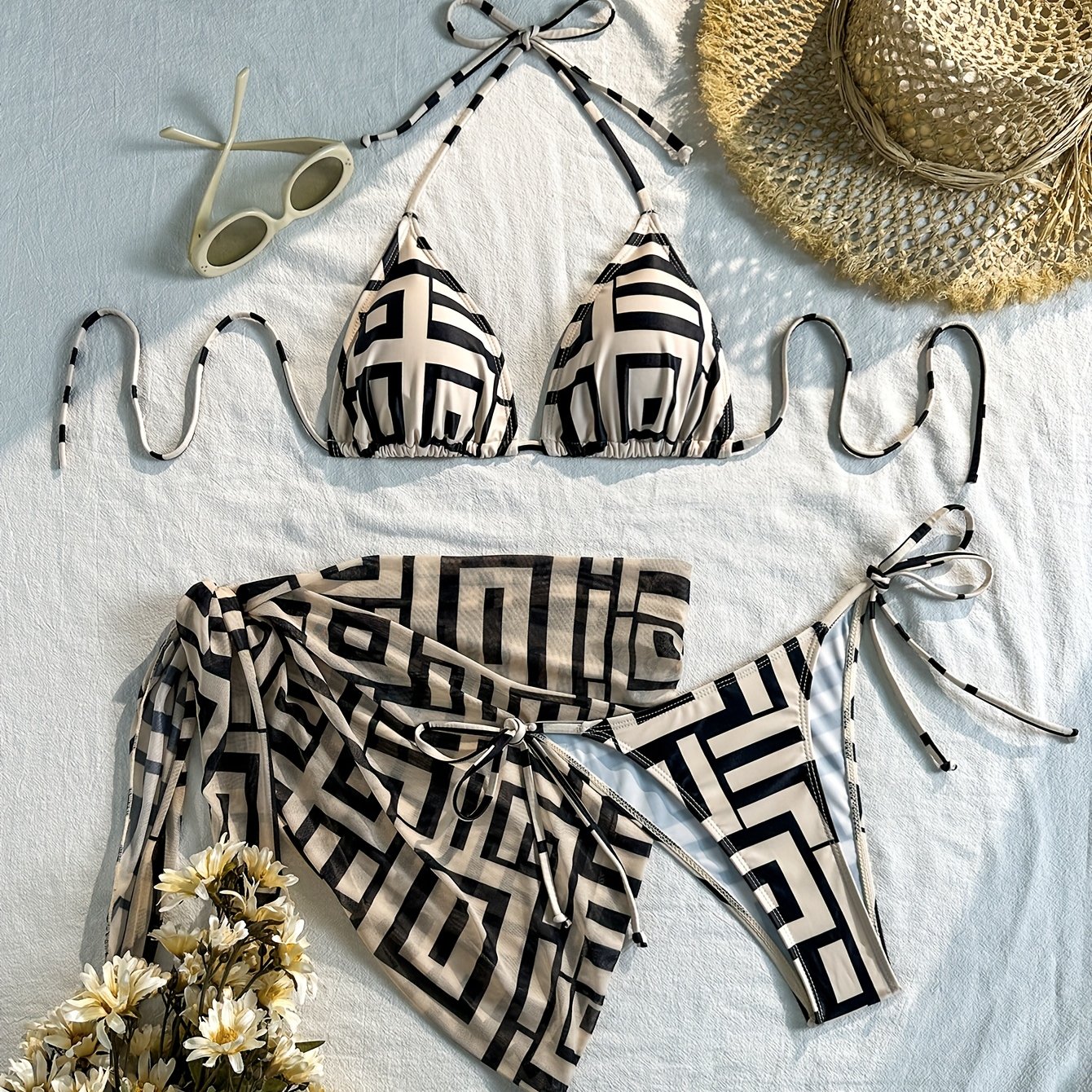TEMU Women's Bikini Set | Halter Neck, High Stretch Elastane, Lace-up Details, Sleeveless, For Swimming