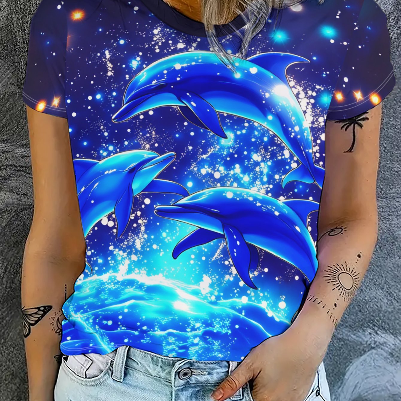TEMU Women's T-shirt, Dark , 3 Blue Swimming Through The Starry Sky, Full Of A Feel