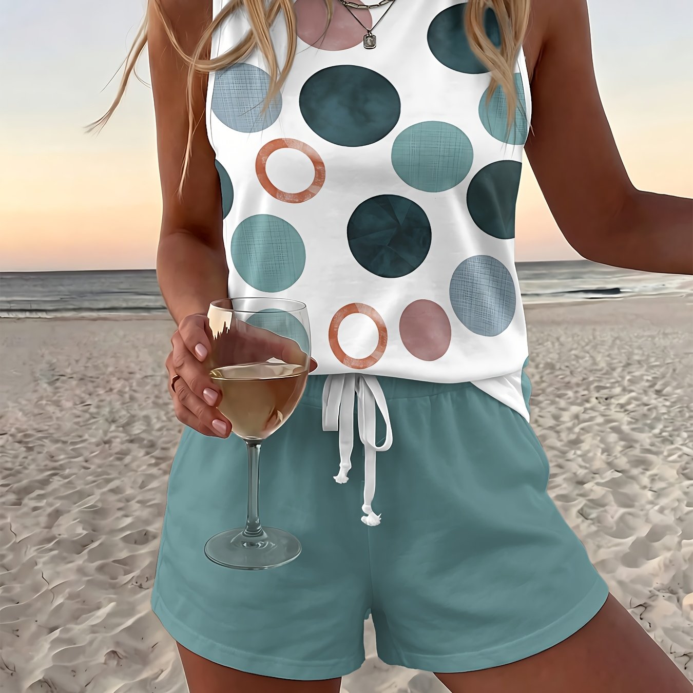 Women's Polka Dot Print Tank Top And Shorts Set