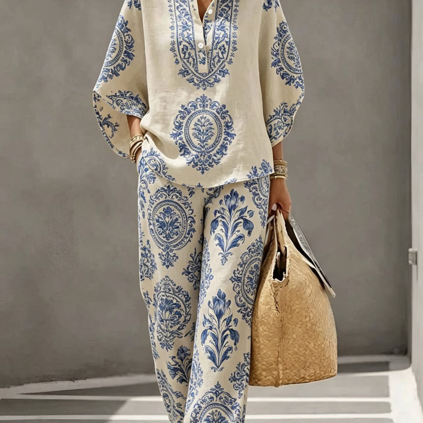 Image of 2pcs Set, Women's Stand-collar Three-quarter Sleeve Shirt With Casual Trousers, Geometric Art , Lightweight And Comfortable Summer Fabric, Suitable For Vacation, Leisure, Outdoor And Other