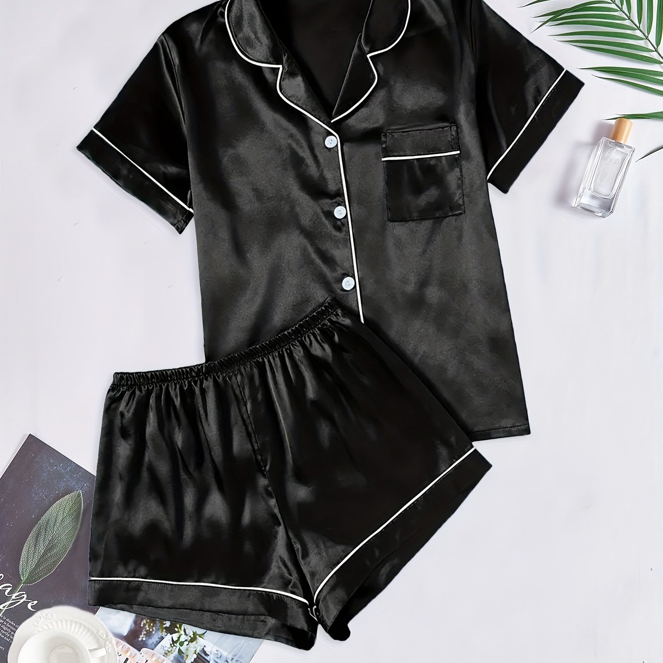 TEMU Teenager Elegant Solid Color Pajamas, Short Sleeve Button-up Top And Shorts Sleepwear Set, Pajamas And Loungewear, For Teenager, For Teenager