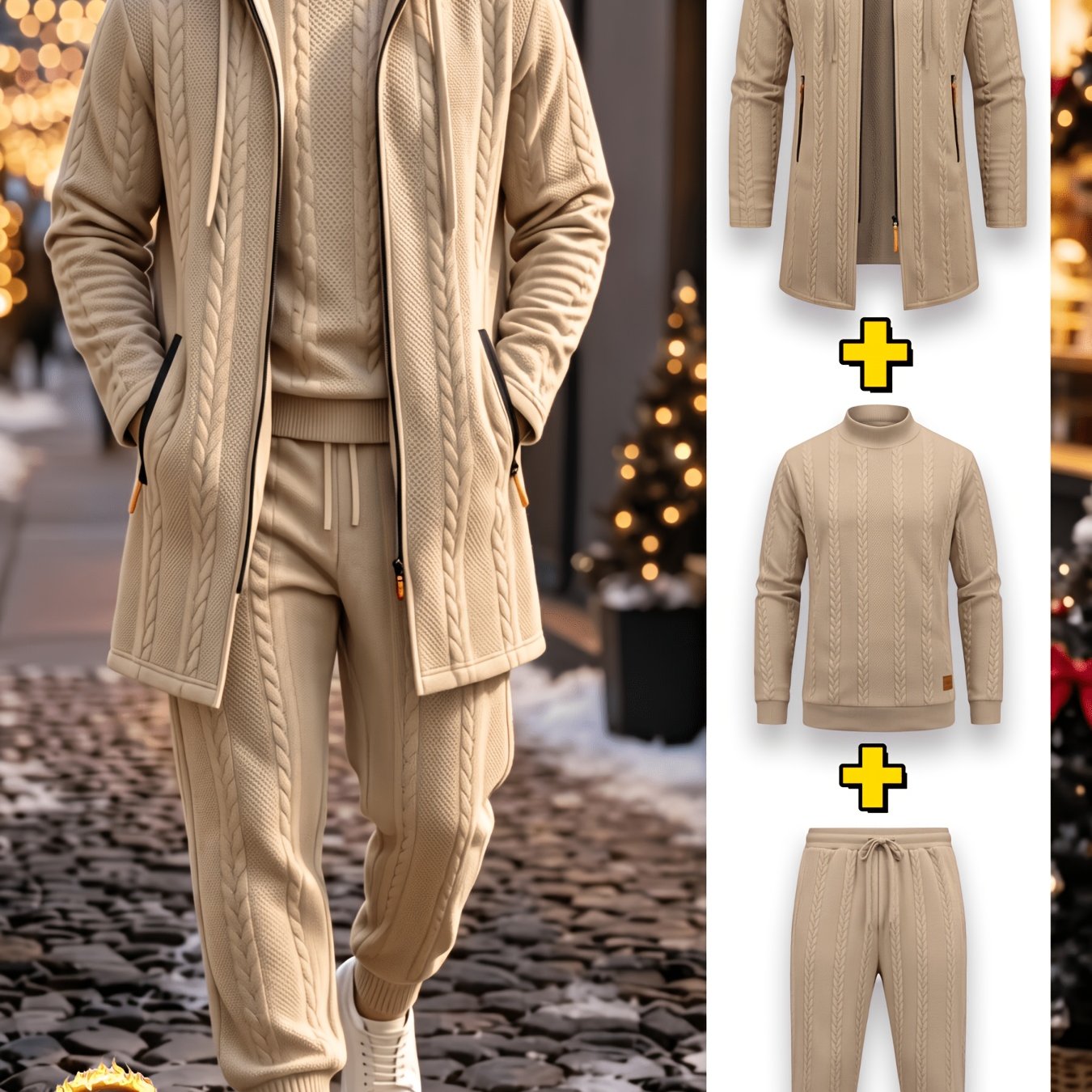 TEMU 3pcs Men's Autumn Winter Warm Set, Jacquard Random Texture Knit Fabric, Mid-length Hooded Cardigan Jacket And Mid-high Neck Long Sleeve