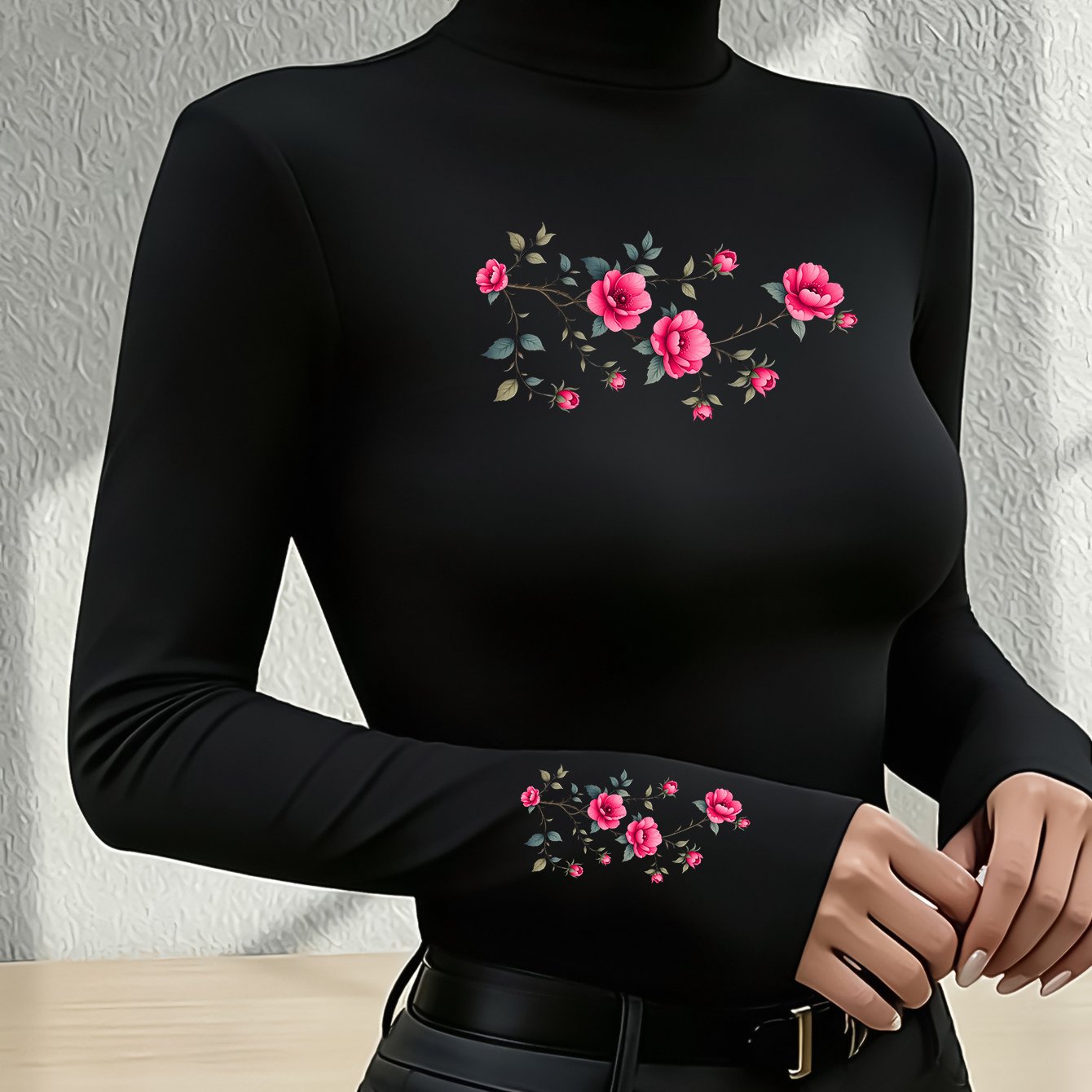TEMU New Women's Slim-fit Mock Neck Base Layer Top, Autumn/winter Long-sleeve T-shirt, Mock Neck Long-sleeve Printed T-shirt, Thermal Feel, Stretchy