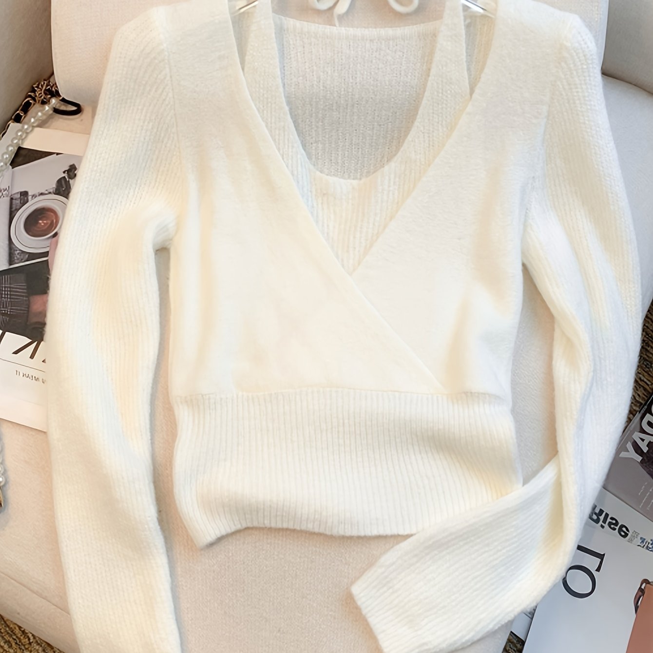 TEMU Nouveau pull de créateur automne/hiver à col ras du cou de cou, , look 2-en-1, coupe ajustée, couche de base