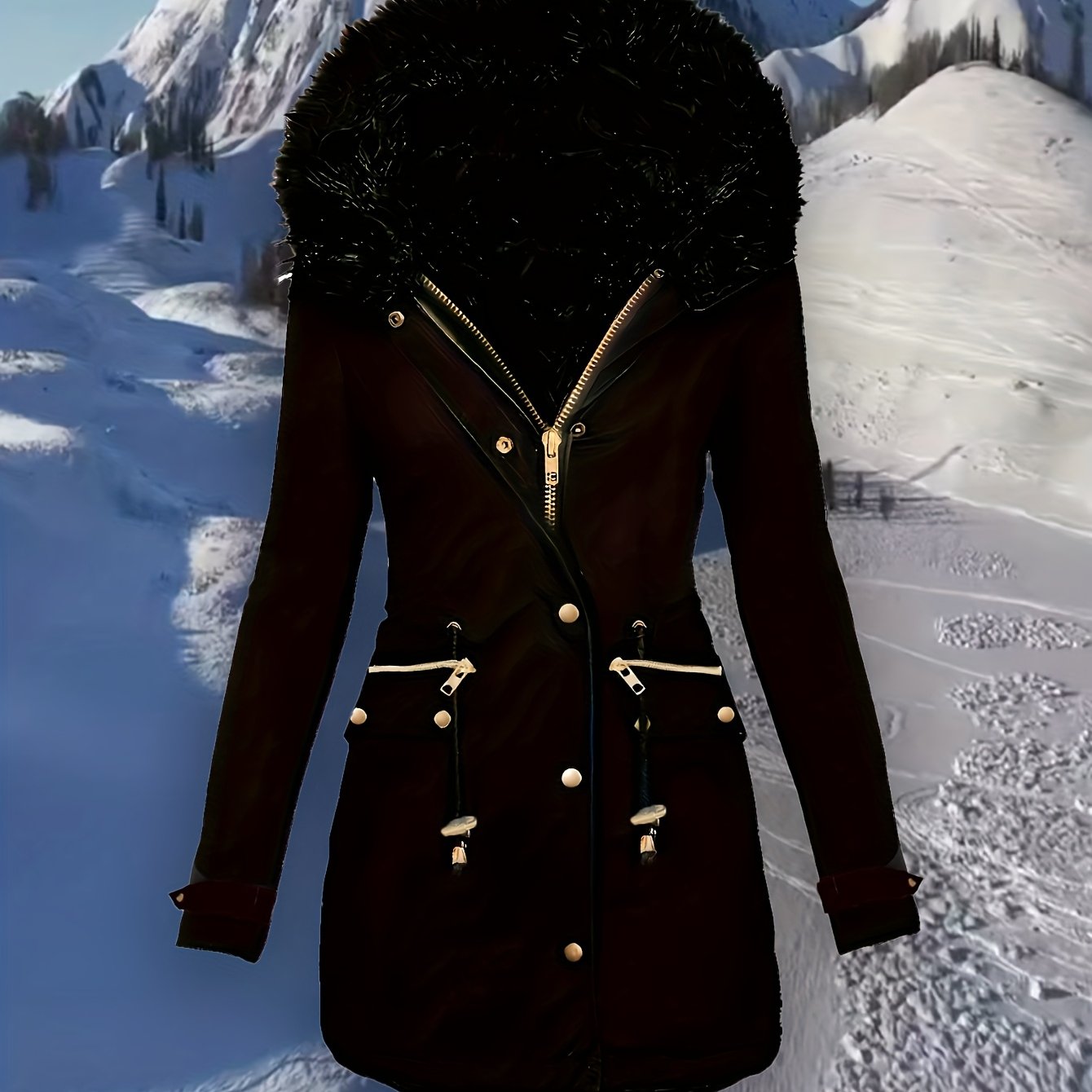 TEMU Plus Size, Winter Zipper Trim Hat, Long Sleeve With Zipper And Drawstring