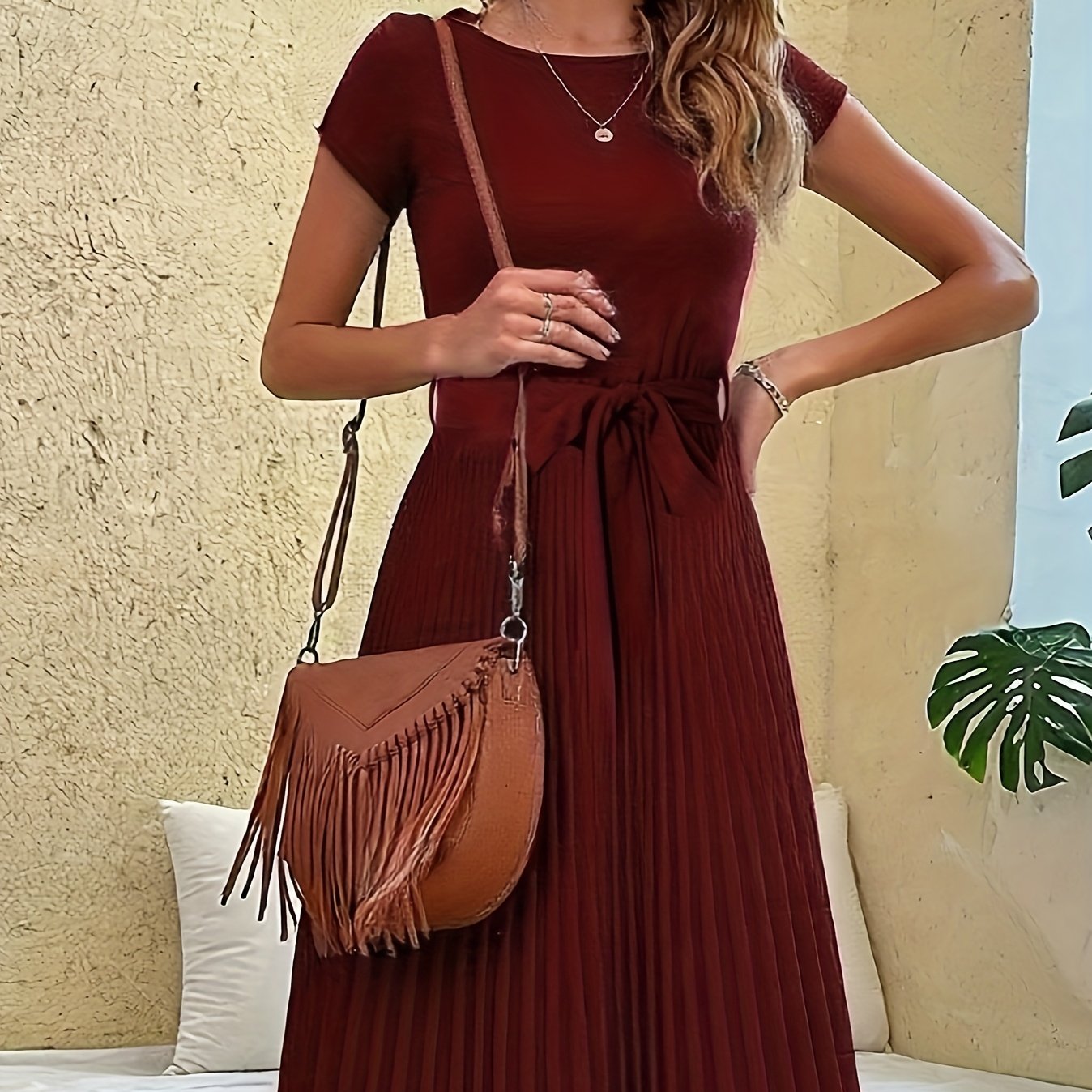TEMU Elegant Solid Color Pleated Hem Belted Dress