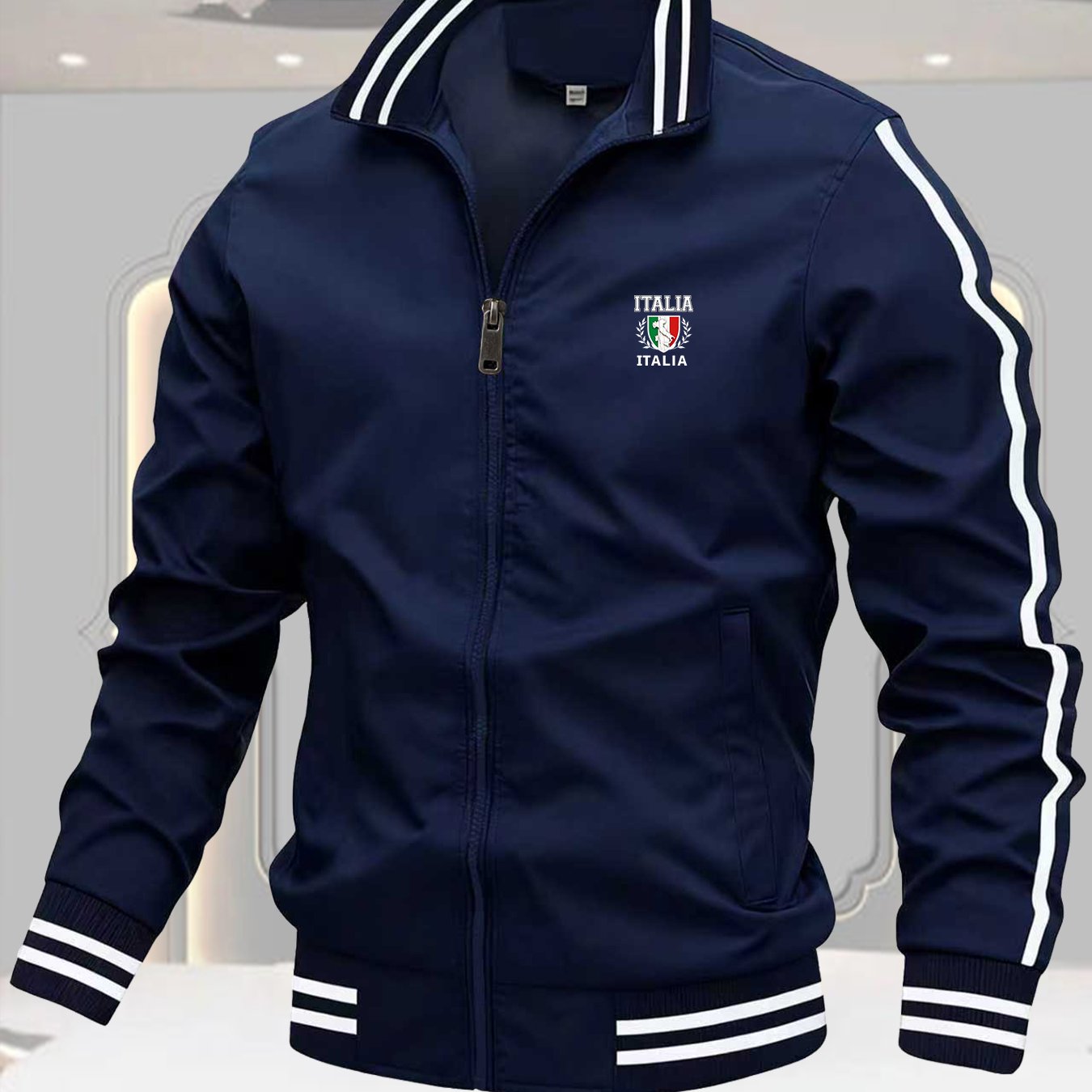TEMU Men's Italia Emblem Element Striped Track Jacket Vintage Sportswear Full Zip Windproof Casual Coat For Daily Outdoor