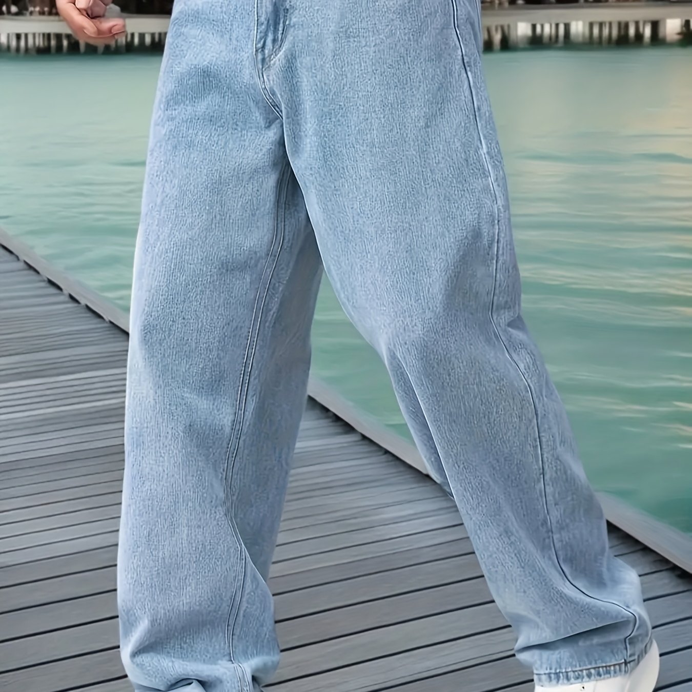 TEMU Men's Slim-fit Stretch Denim Jeans - Casual Loose Fit Wide-leg Pants With Button Closure, Comfortable Wear, Light Blue Washed Finish, Casual Attire, Classic
