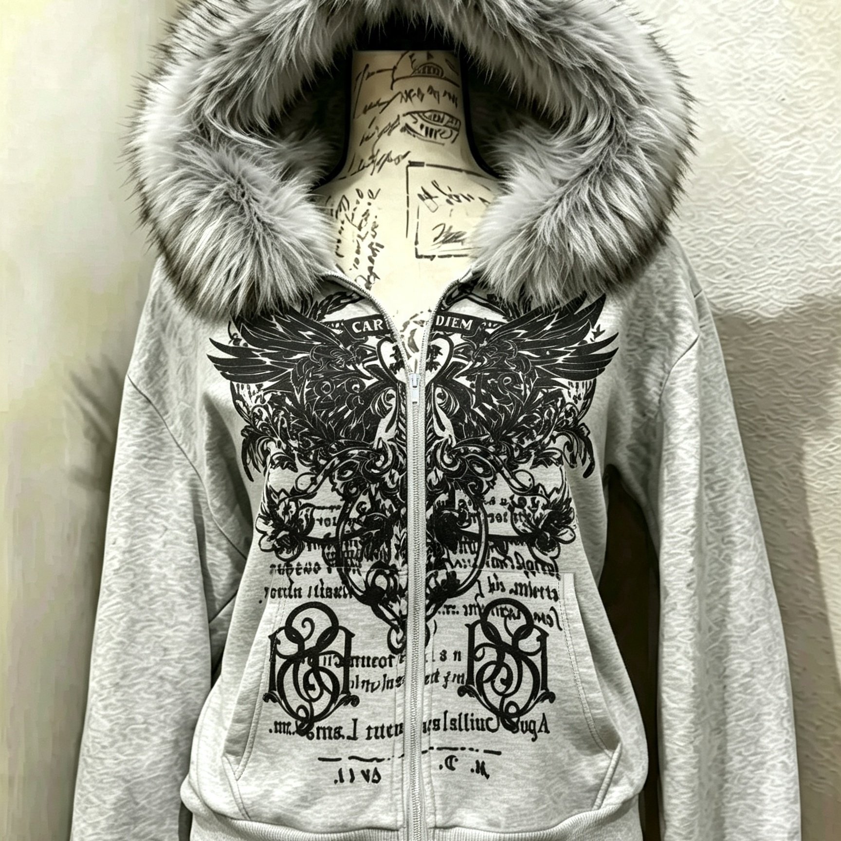 TEMU Oversized Hooded Zip-up Sweatshirt Women's Fall Winter Gray Loose Cardigan Jacket, Wing Print Design Thick Warm Fleece Y2k Spicy Style Casual