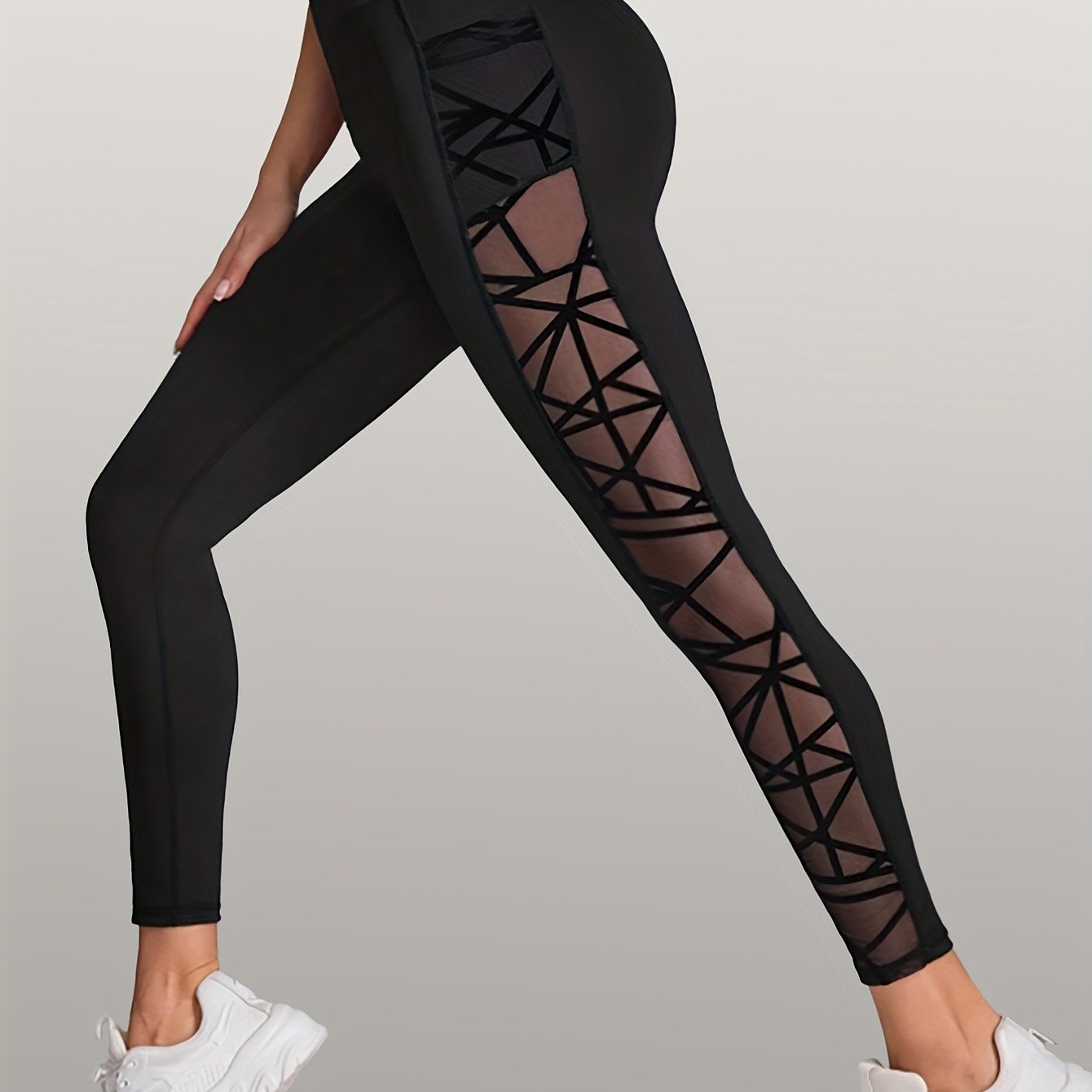 Plus Size, Women's -size Long Pants, Tight-leggings With Phone Pocket, Side Hollow-out Mesh, Refreshing And Breathable, Stylish And Comfortable, Suitable For, S, And Daily Casual Wear