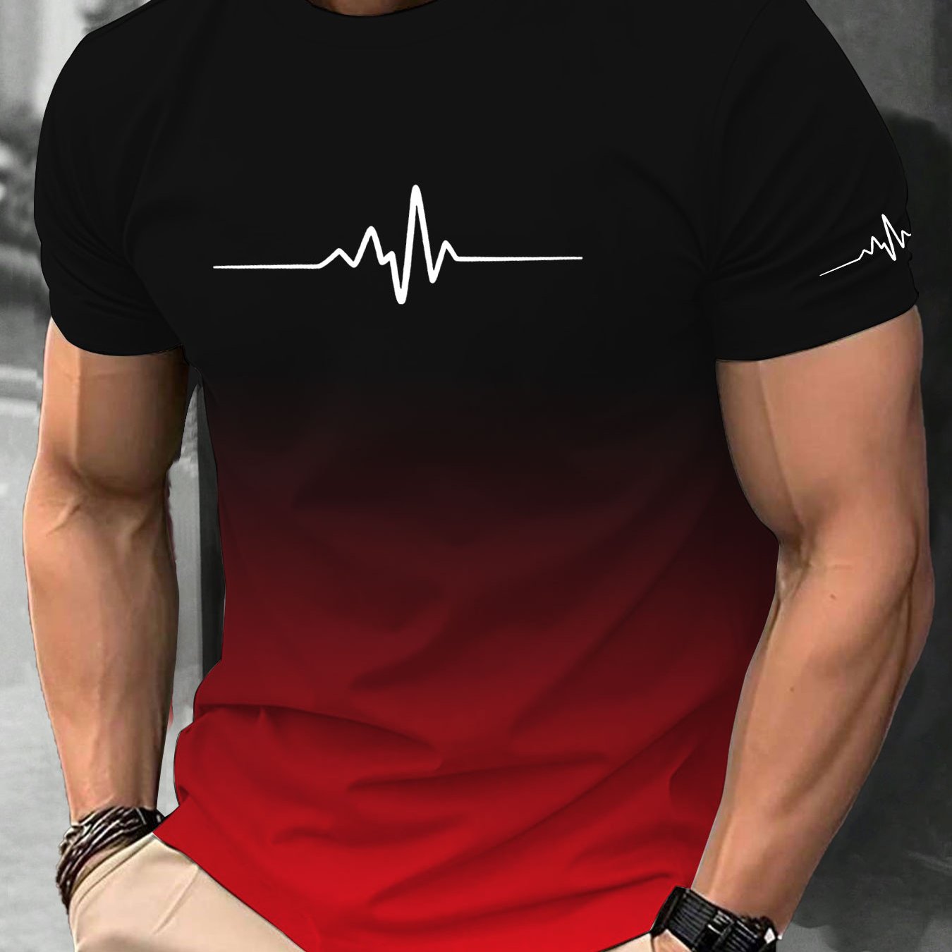 TEMU Men's Gradient Color Ecg Heartbeat Print T-shirt - Black To Red Ombre Casual Round Neck Summer Tee, Breathable & Machine Washable, Heart Print T