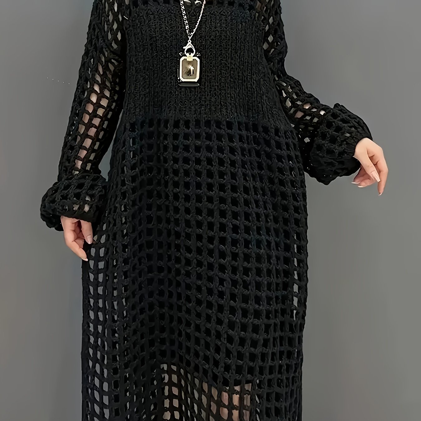 Image of New Women's Elegant Fashion Temperament Hollow Out Dress Mid-length Cardigan Design Vacation Dress