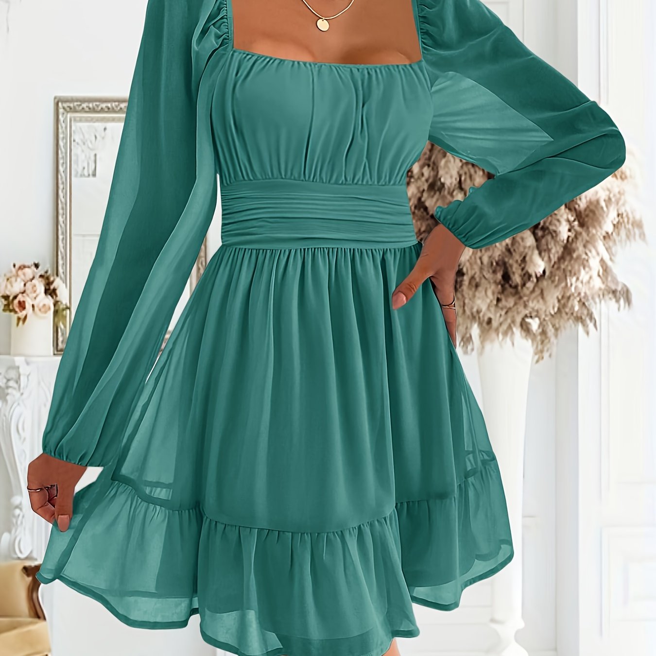 Image of Women's Sheer Semi- Square Neck Mini Dress - High Waist Wedding Guest Gown With Hem & Long Sleeves, Summer Party Dress, Machine Washable Bridal Party Attire