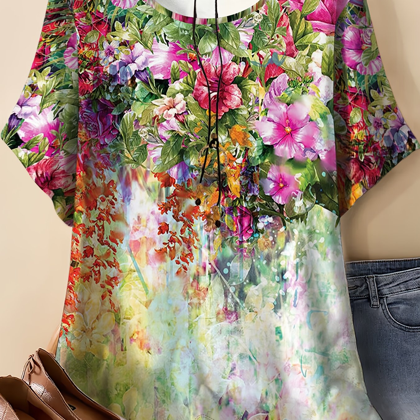 TEMU Plus-size Women's Watercolor T-shirt Features A Design That Transitions From Pink-purple Flowers To A Background. Are Transparent And Rich In