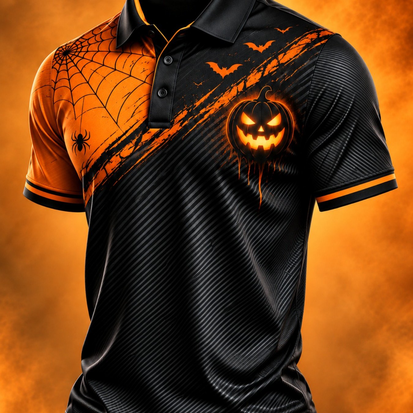 TEMU Men's Halloween Pumpkin Shirt, Spider Web Bat Graphic Print Short Sleeve Collared Top, Orange Black Casual Halloween Party Shirt For Fall
